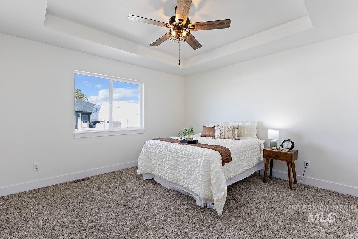 tray ceiling and a ceiling fan