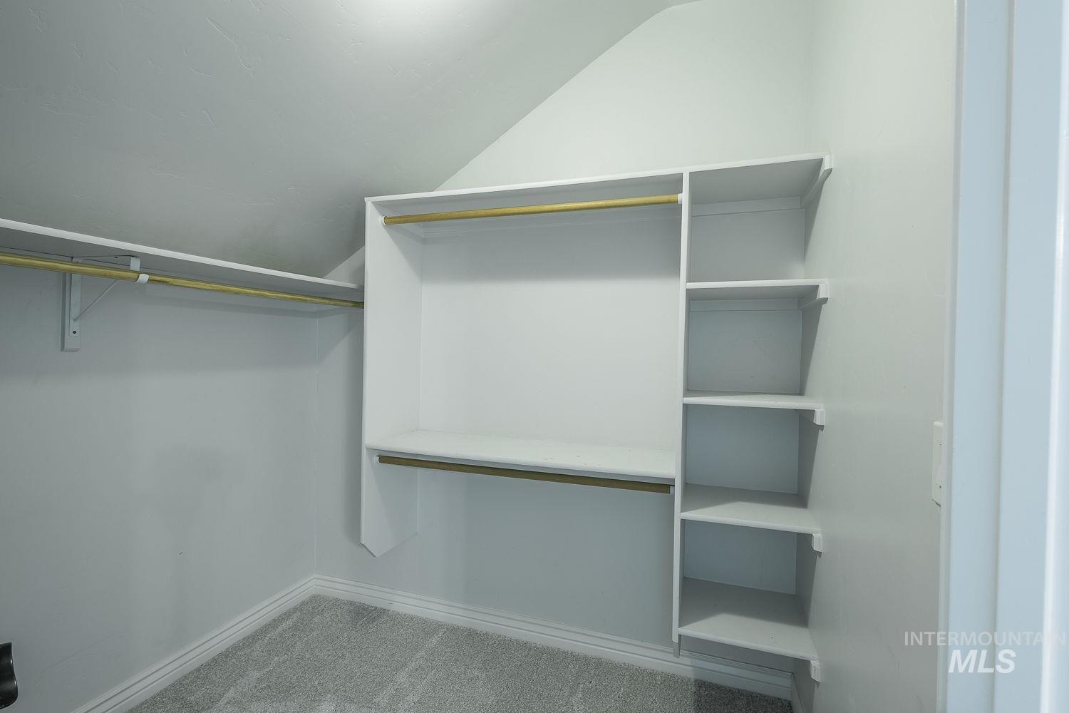 Walk in closet featuring carpet floors and vaulted ceiling