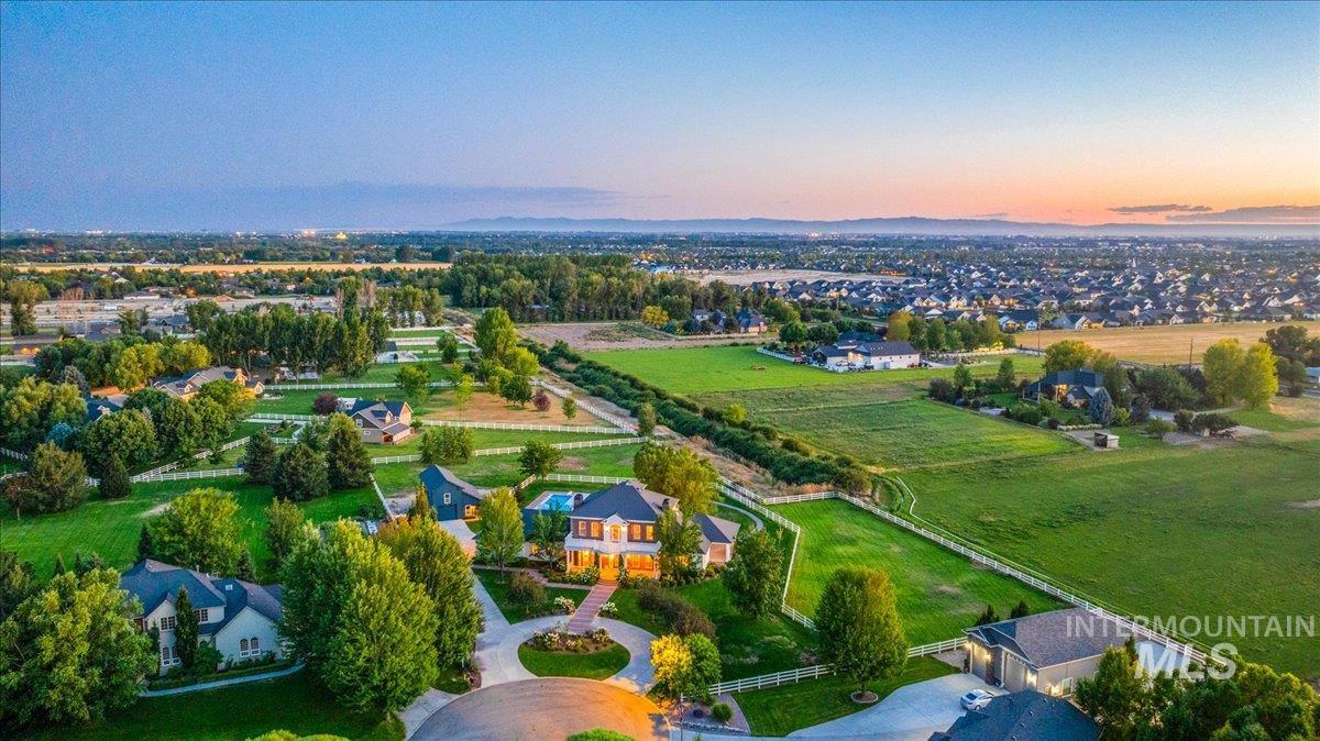 Aerial view at dusk of a rural view