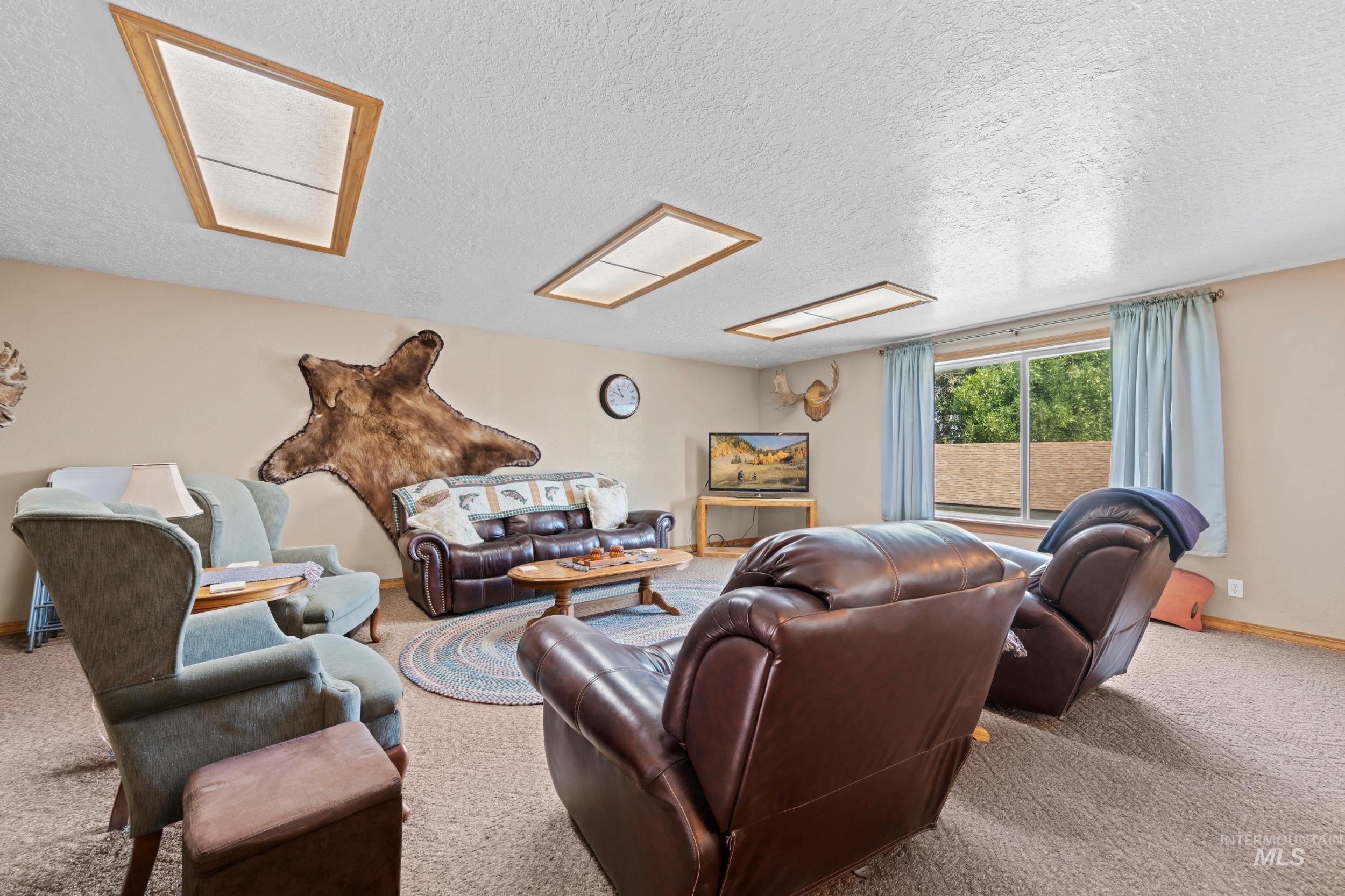 Living room with attic access, carpet floors, and a textured ceiling