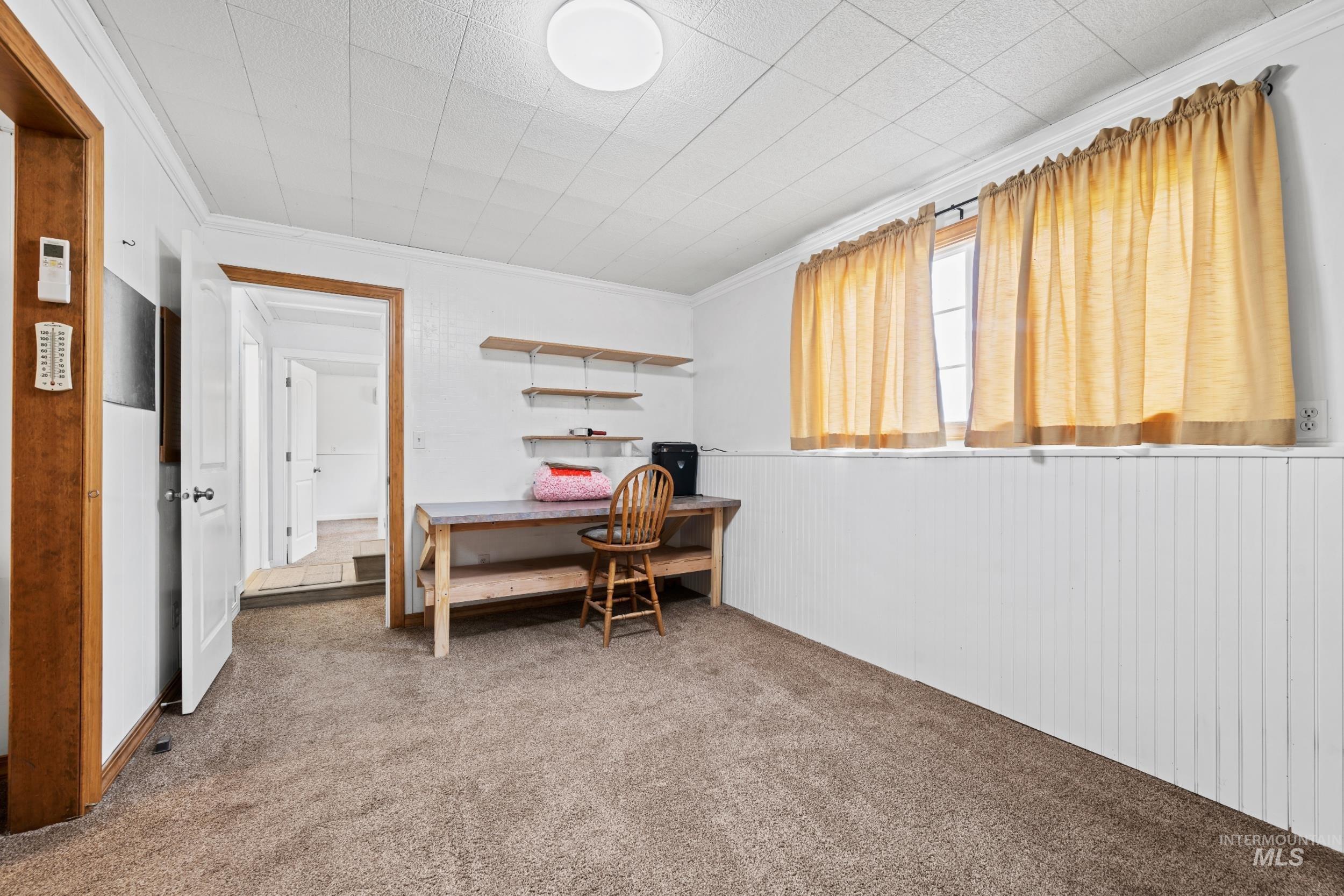 Office with ornamental molding, light carpet, a wainscoted wall, and wood walls