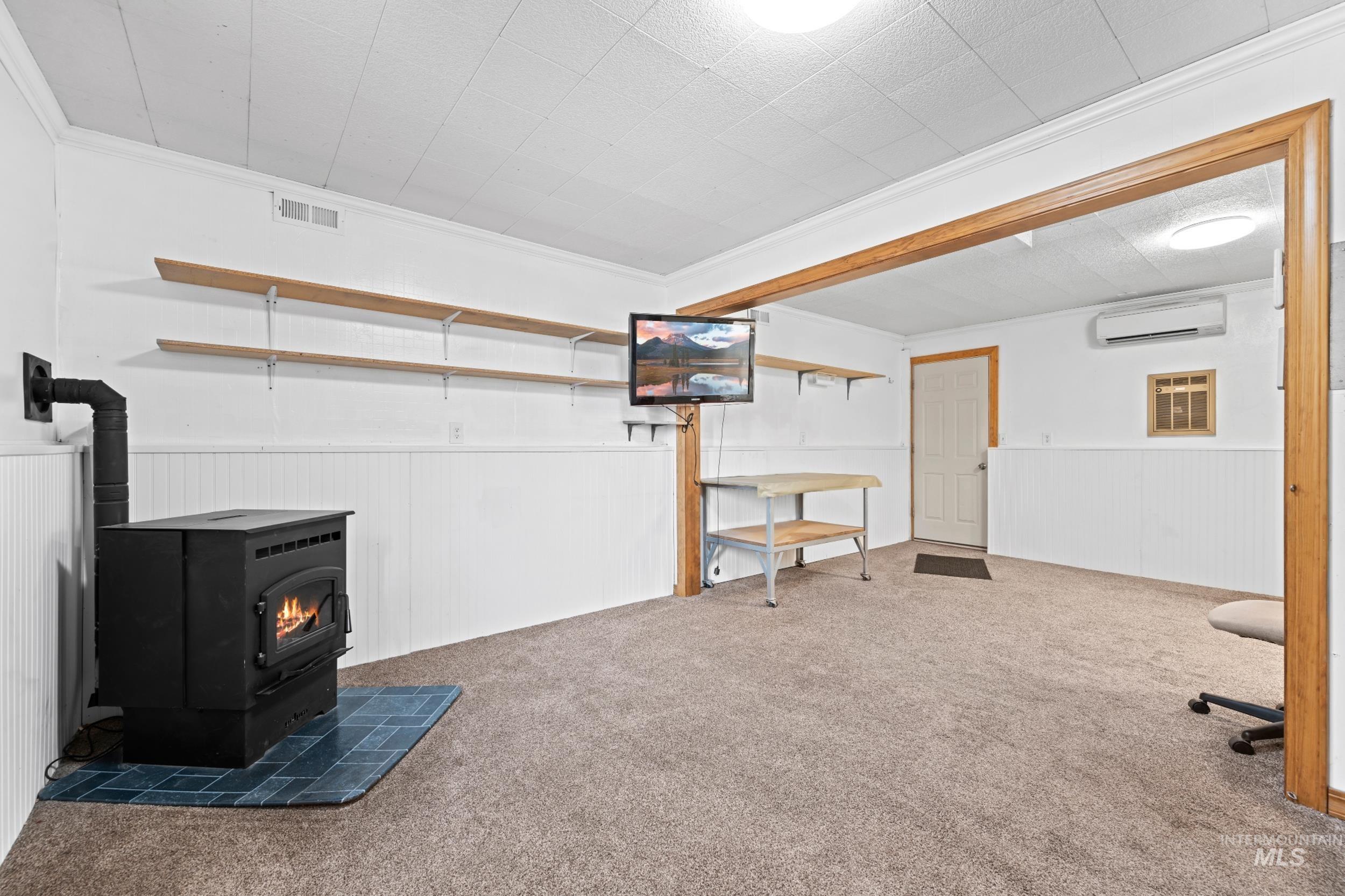 Below grade area featuring a wood stove, wainscoting, carpet, ornamental molding, and an AC wall unit
