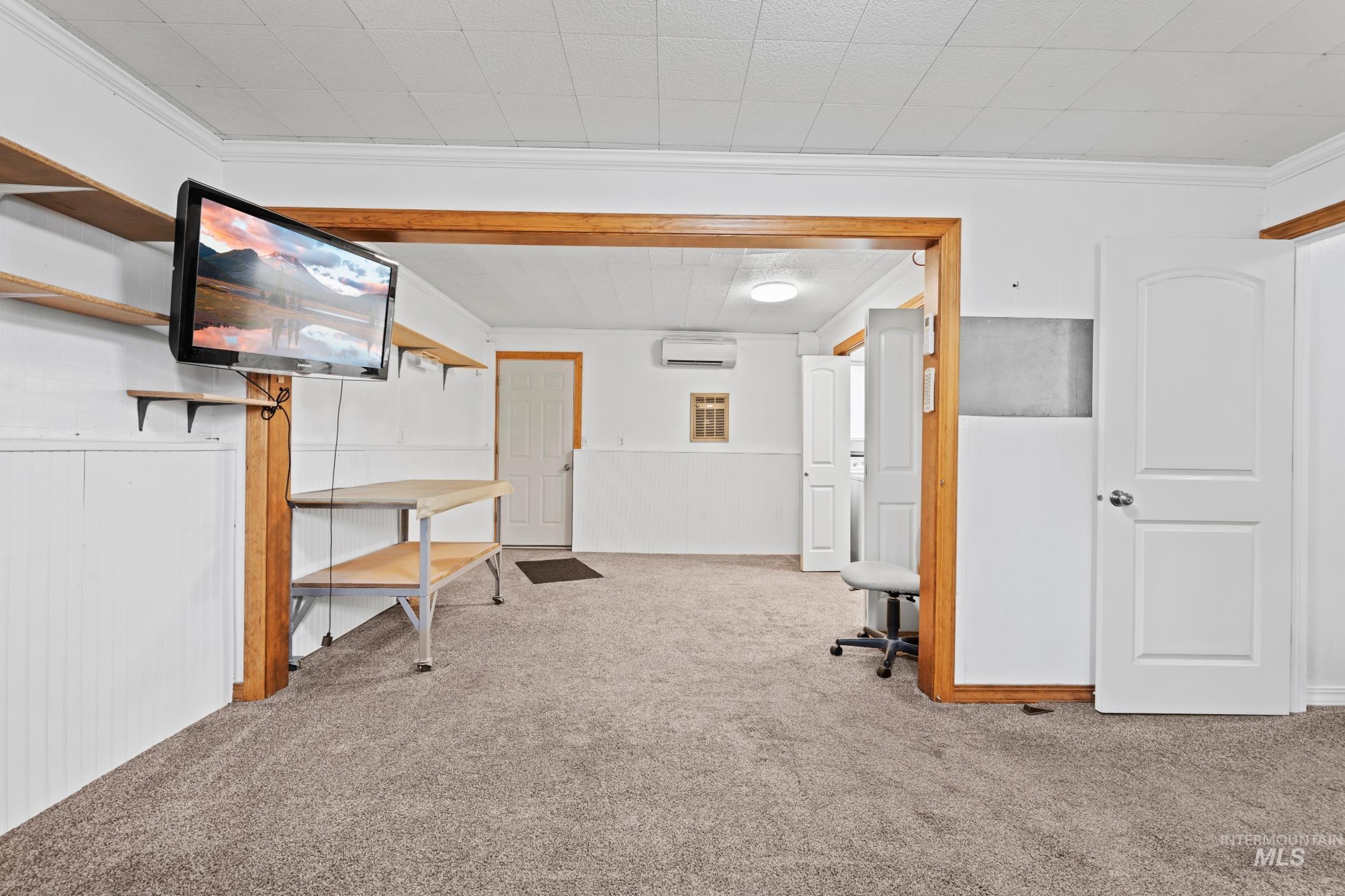 Below grade area featuring carpet flooring, a wainscoted wall, and crown molding