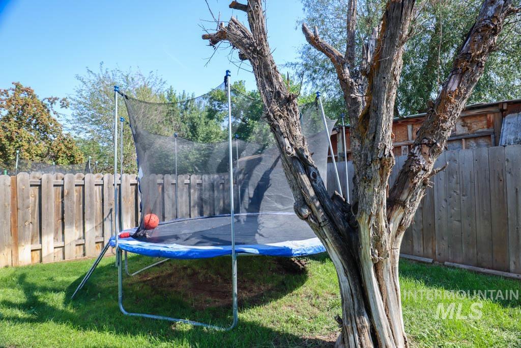 Fenced backyard with a trampoline