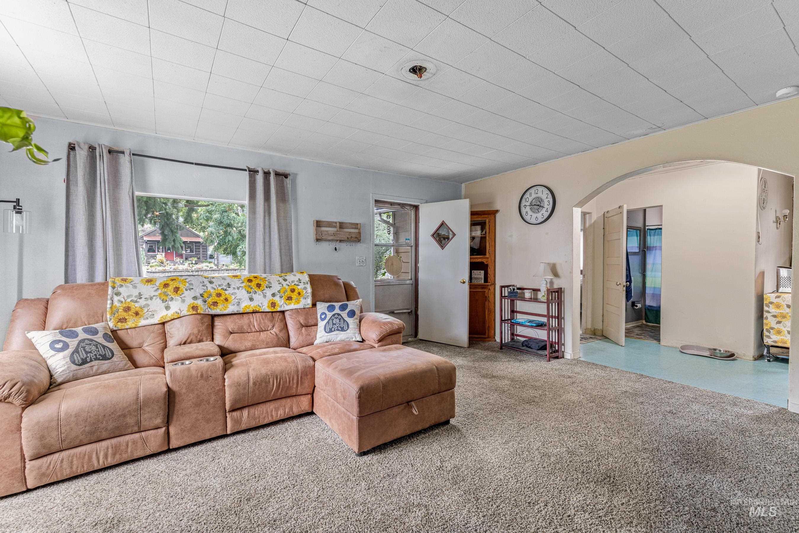 Carpeted living room with arched walkways