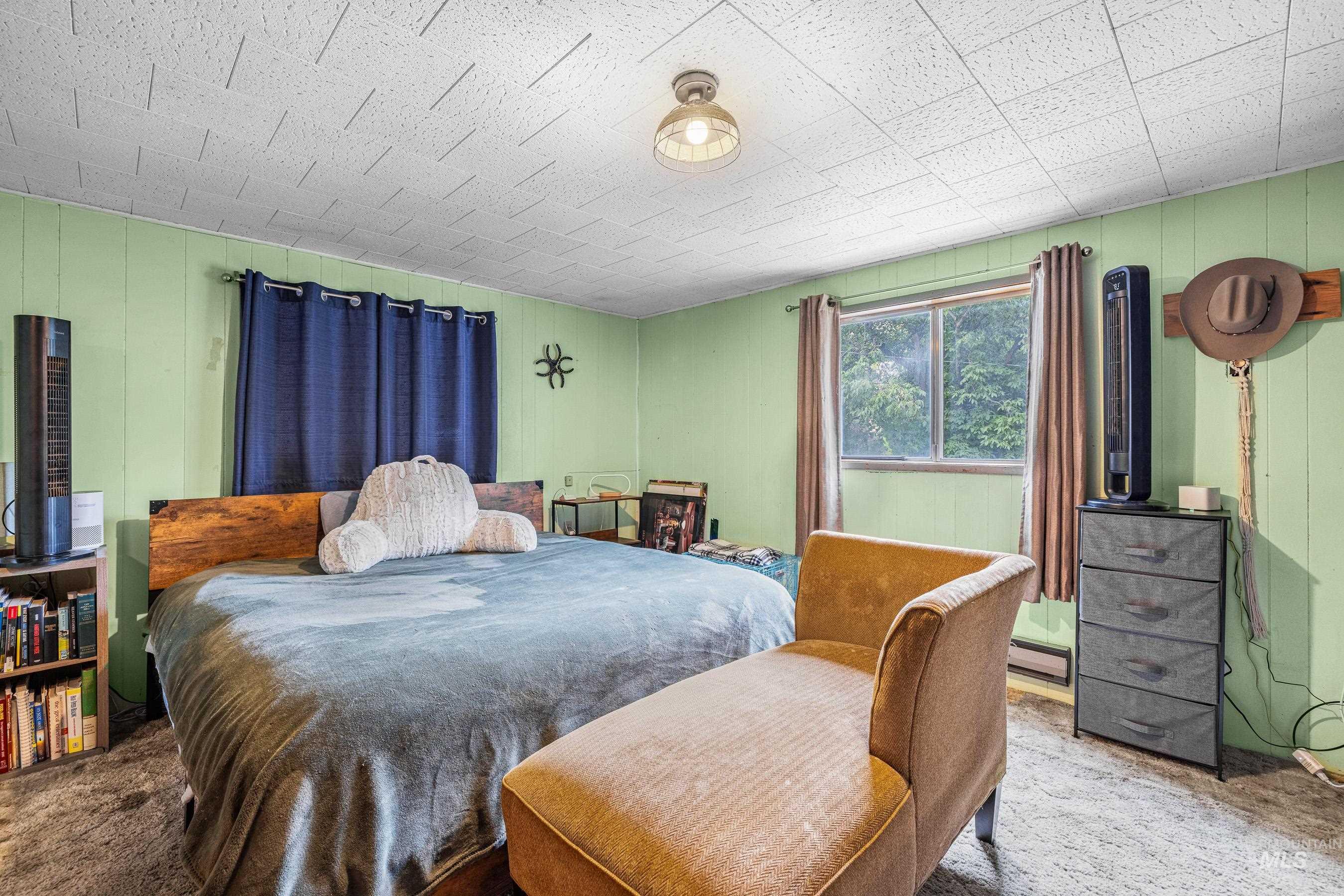 Carpeted bedroom with a baseboard heating unit