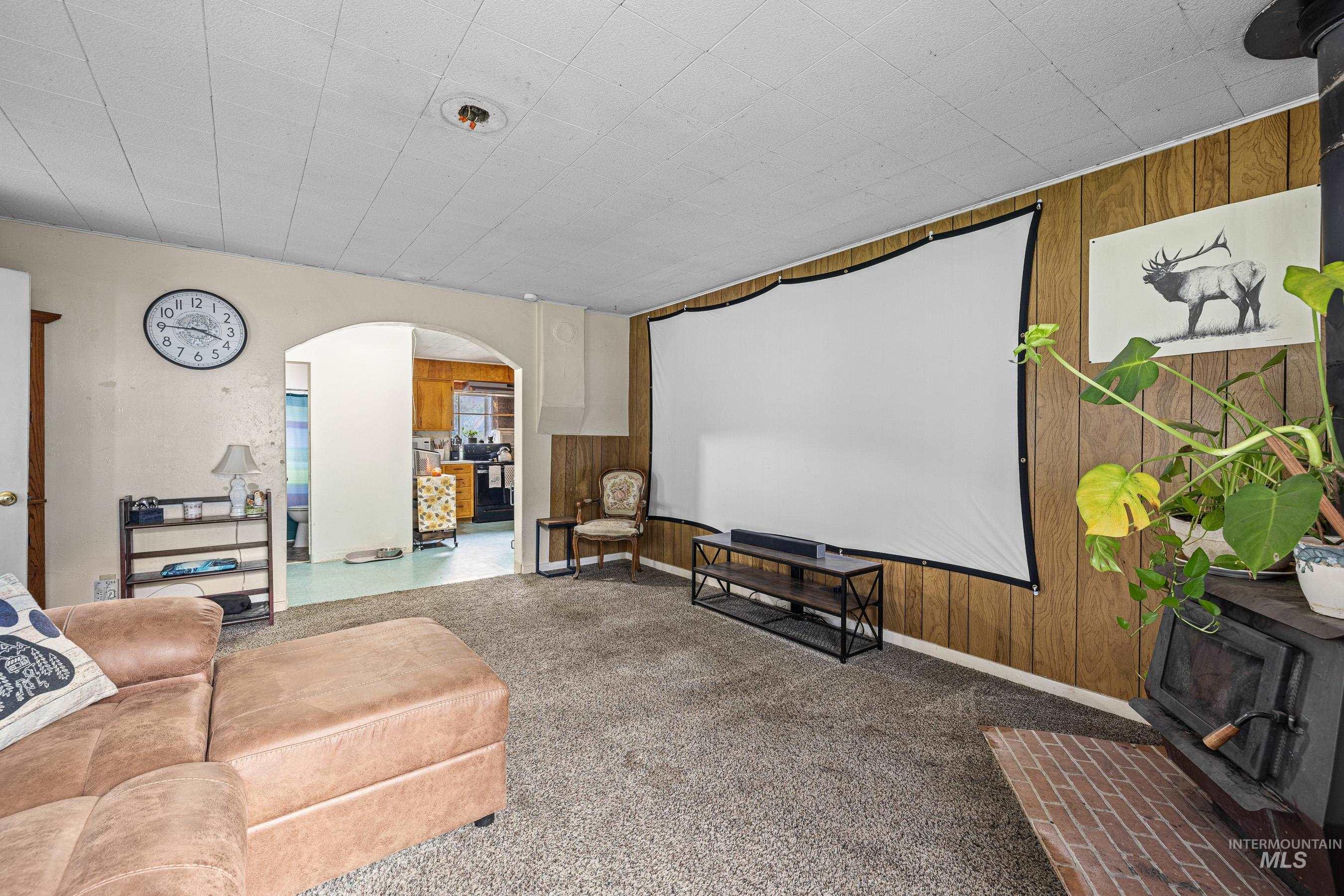 Carpeted home theater with a wood stove, arched walkways, and wooden walls