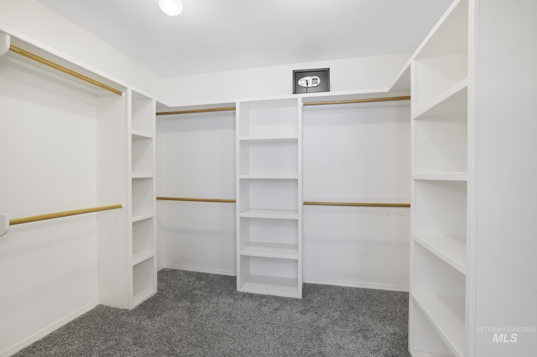 Walk in closet with dark colored carpet