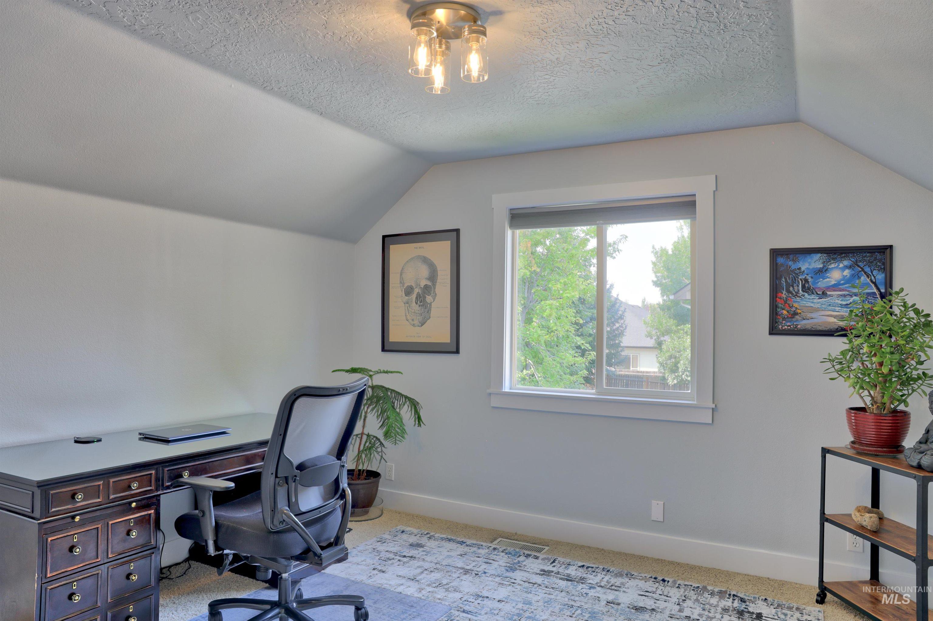 Carpeted office featuring lofted ceiling and a textured ceiling