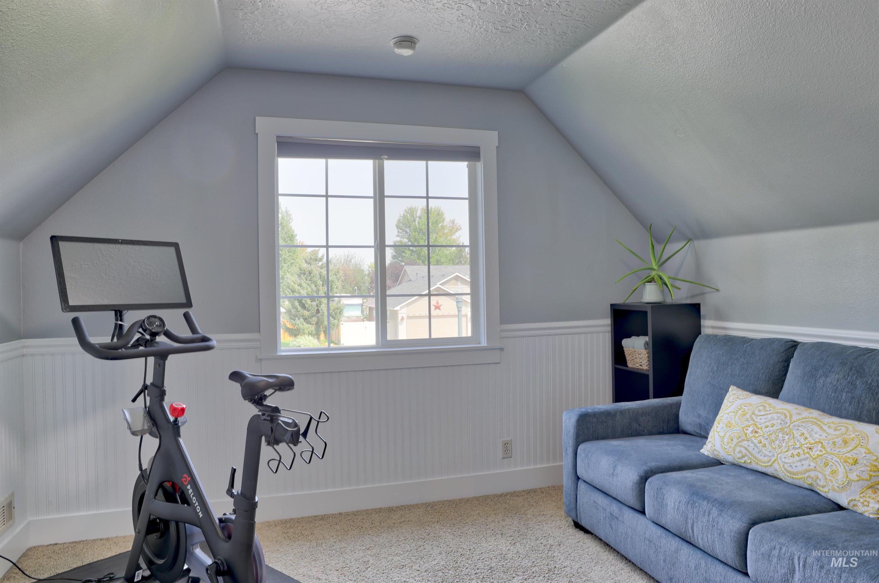 Exercise area with a textured ceiling, a wainscoted wall, carpet, and vaulted ceiling