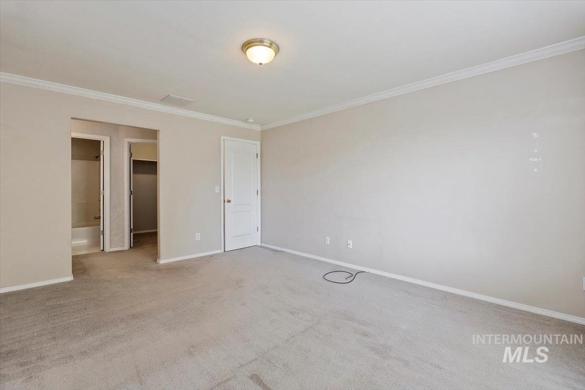 Unfurnished bedroom featuring crown molding, a spacious closet, and light carpet