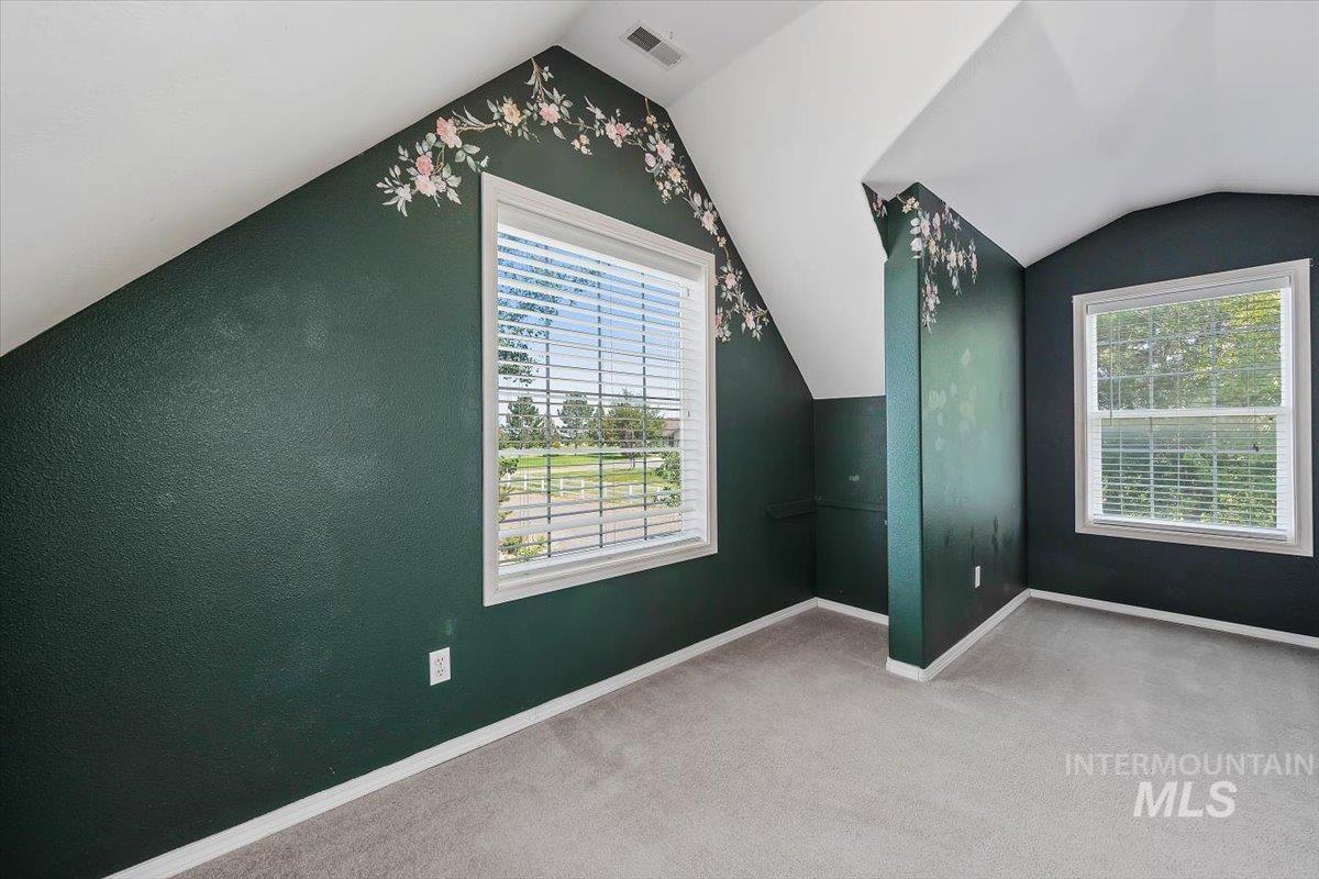 Additional living space featuring lofted ceiling and carpet flooring
