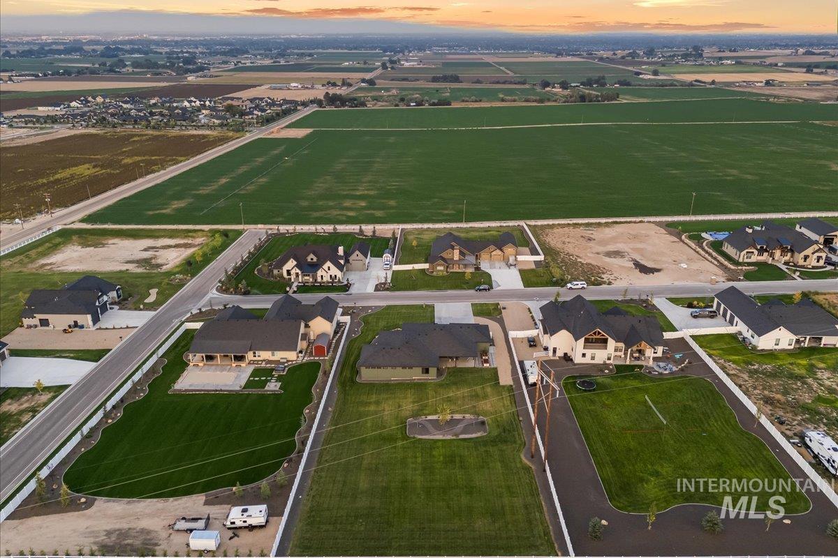 Aerial view at dusk of a residential view