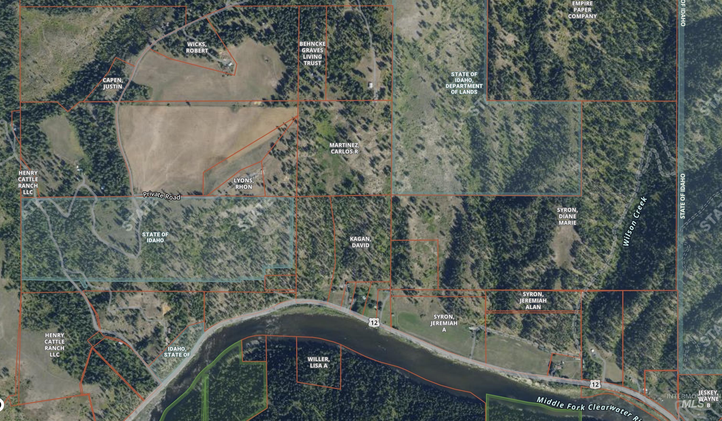 Aerial view of property's location featuring property parcel outlined