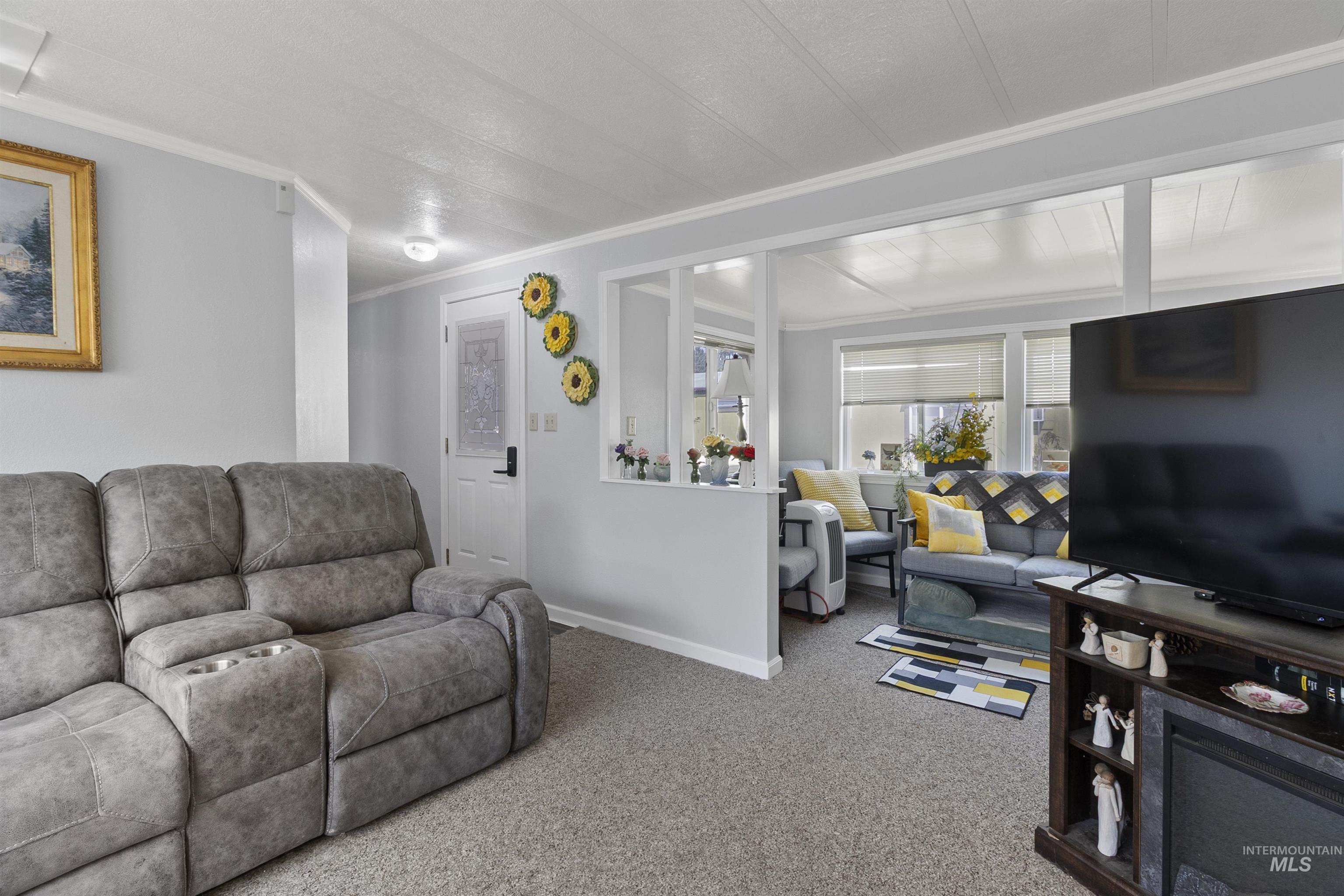 Living room with carpet flooring and ornamental molding