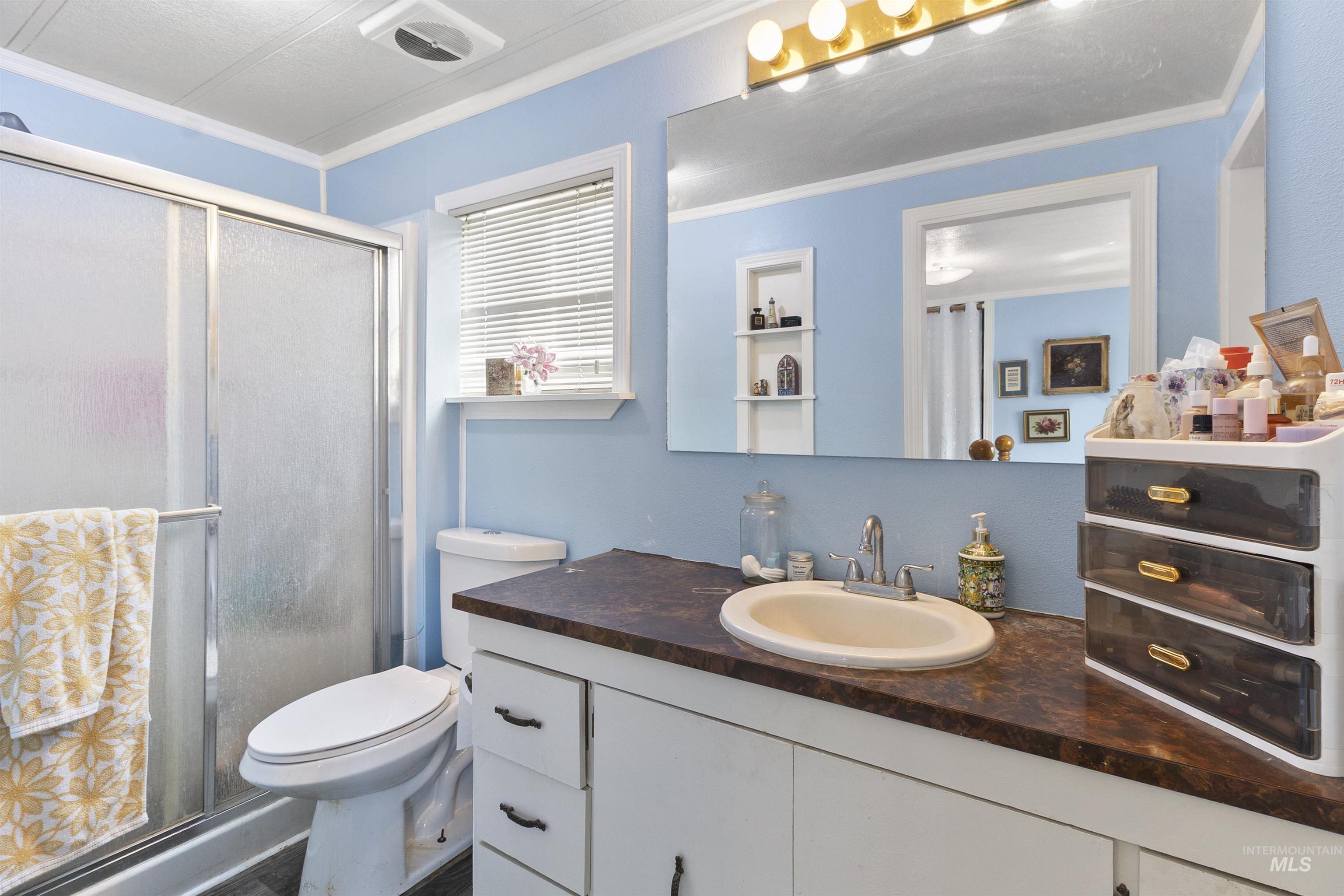 Bathroom featuring a stall shower, vanity, and crown molding