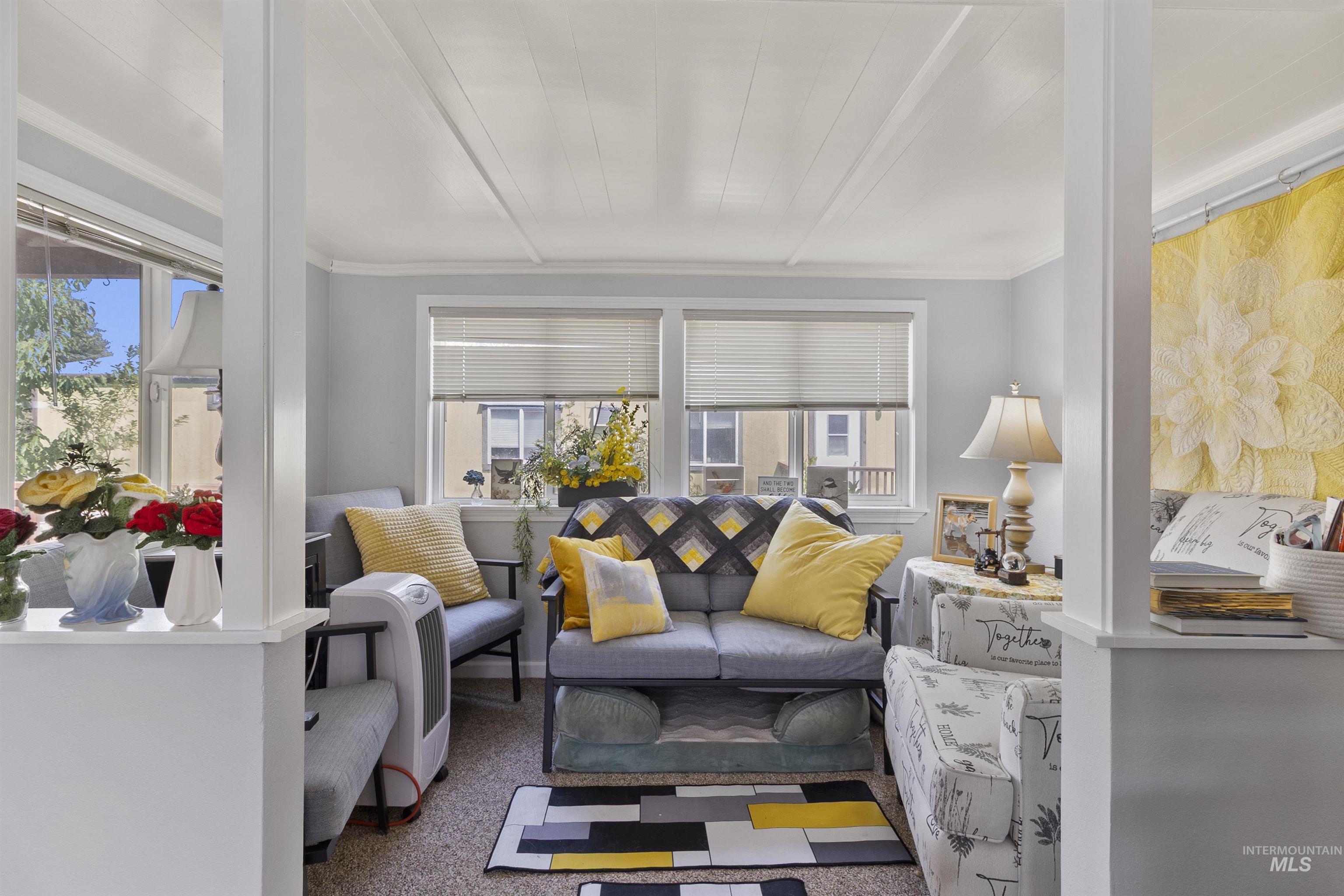 Living room with crown molding and carpet floors