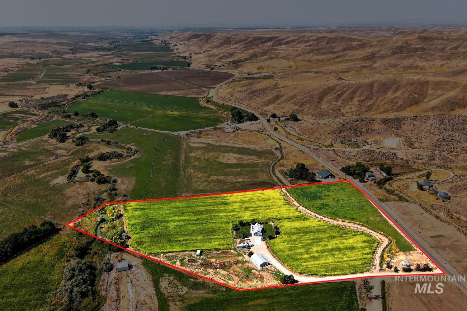 Overview of rural landscape featuring approximate property boundaries highlighted