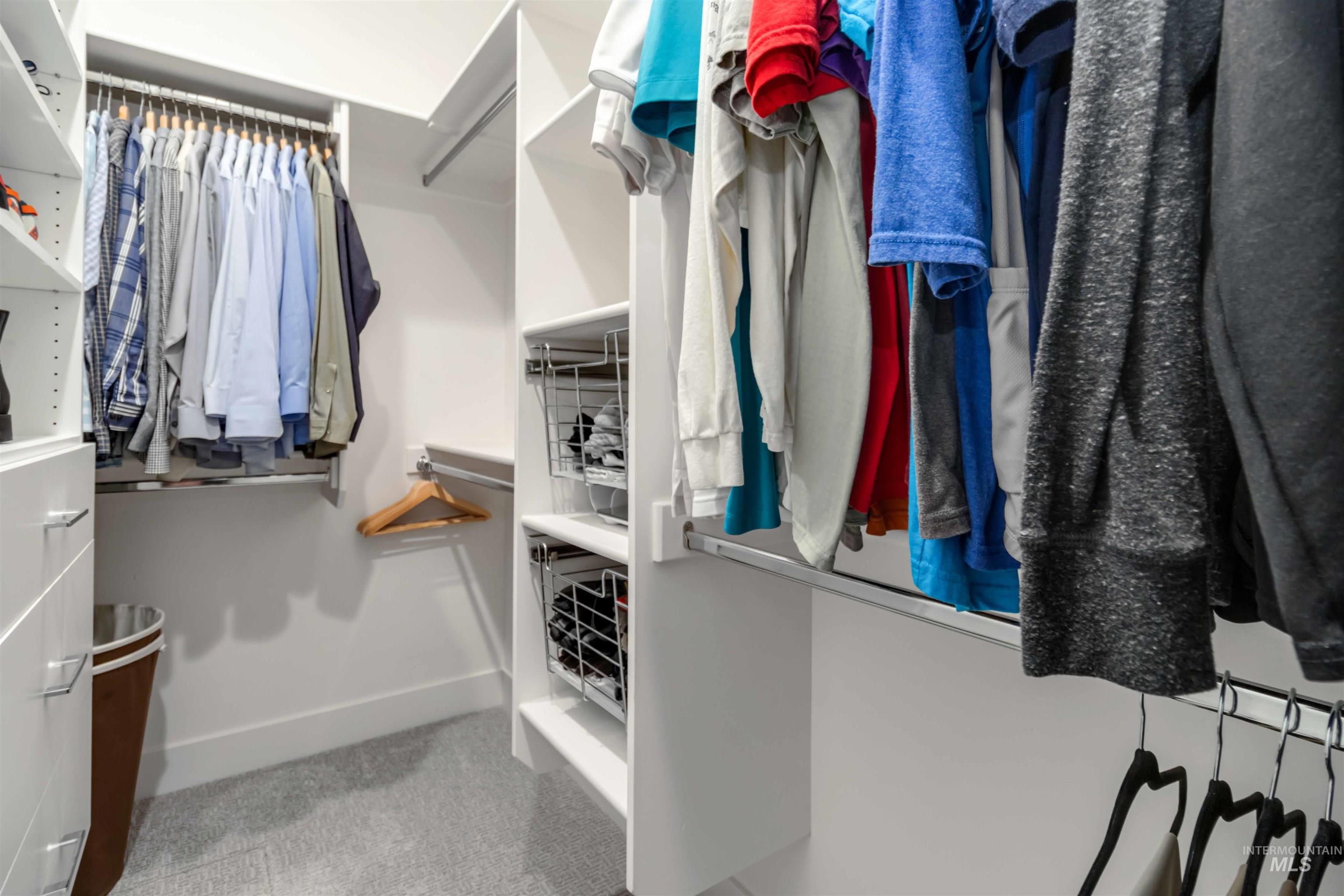 Spacious closet featuring light colored carpet