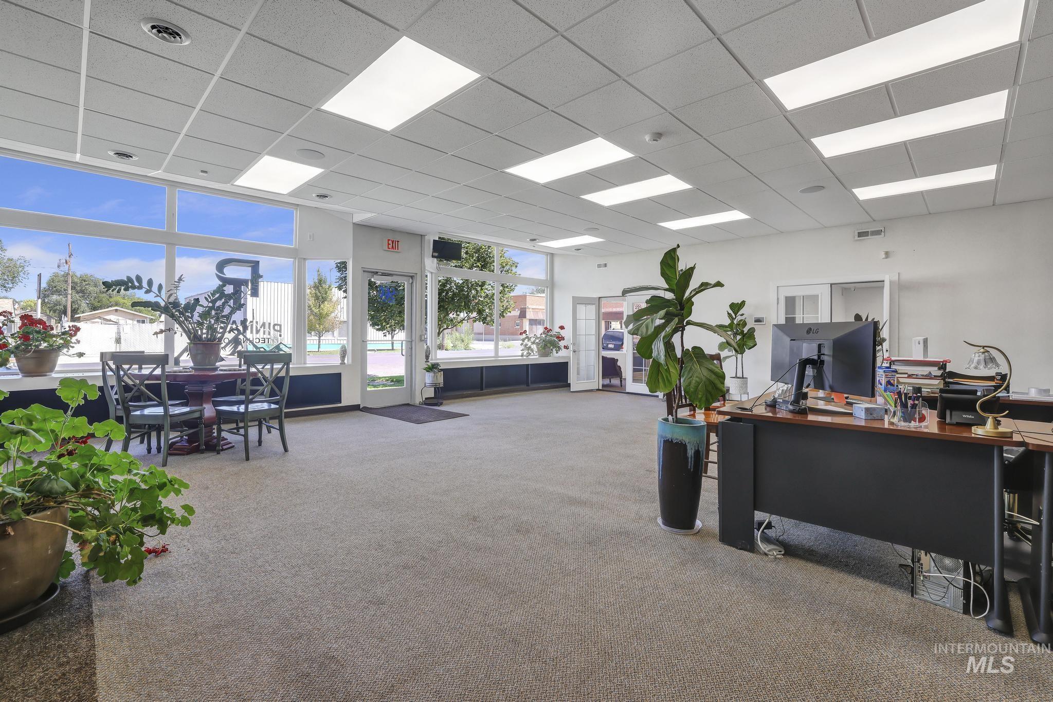 Home office with a paneled ceiling and carpet floors