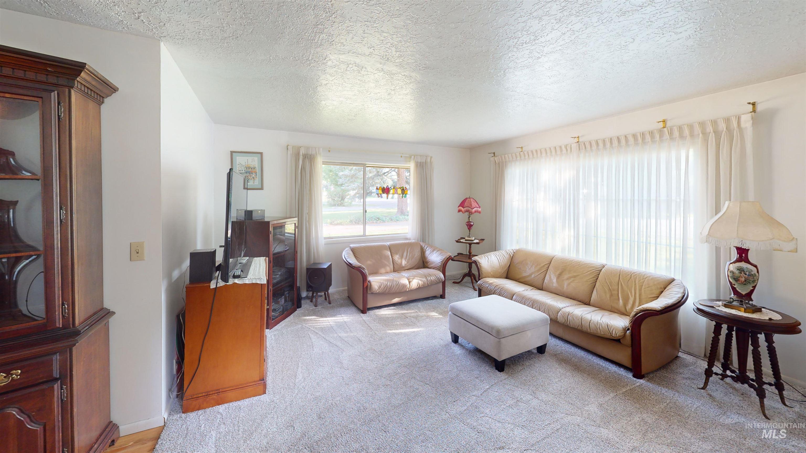 Living room featuring light colored carpet and a textured ceiling