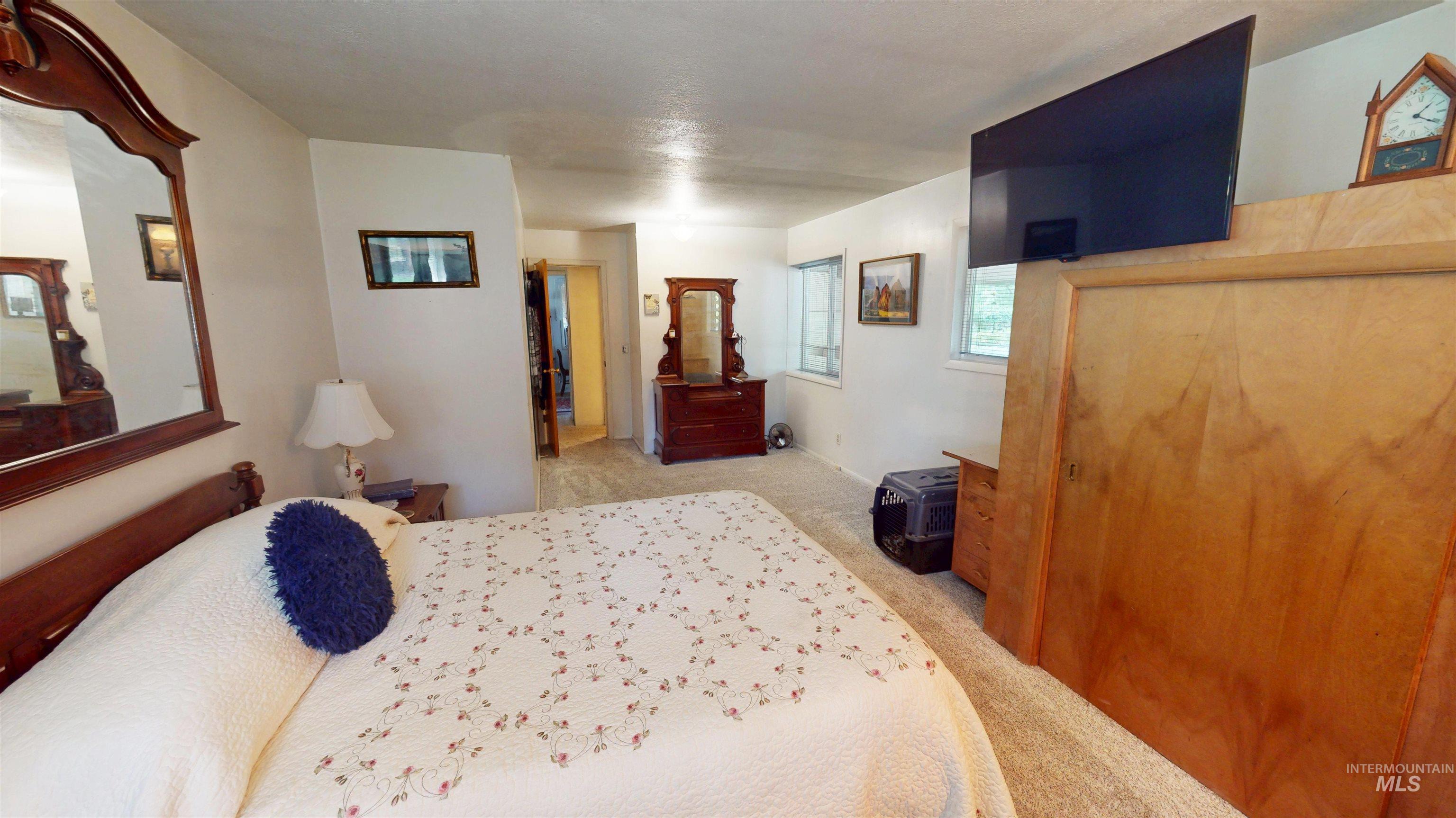 Bedroom with light carpet
