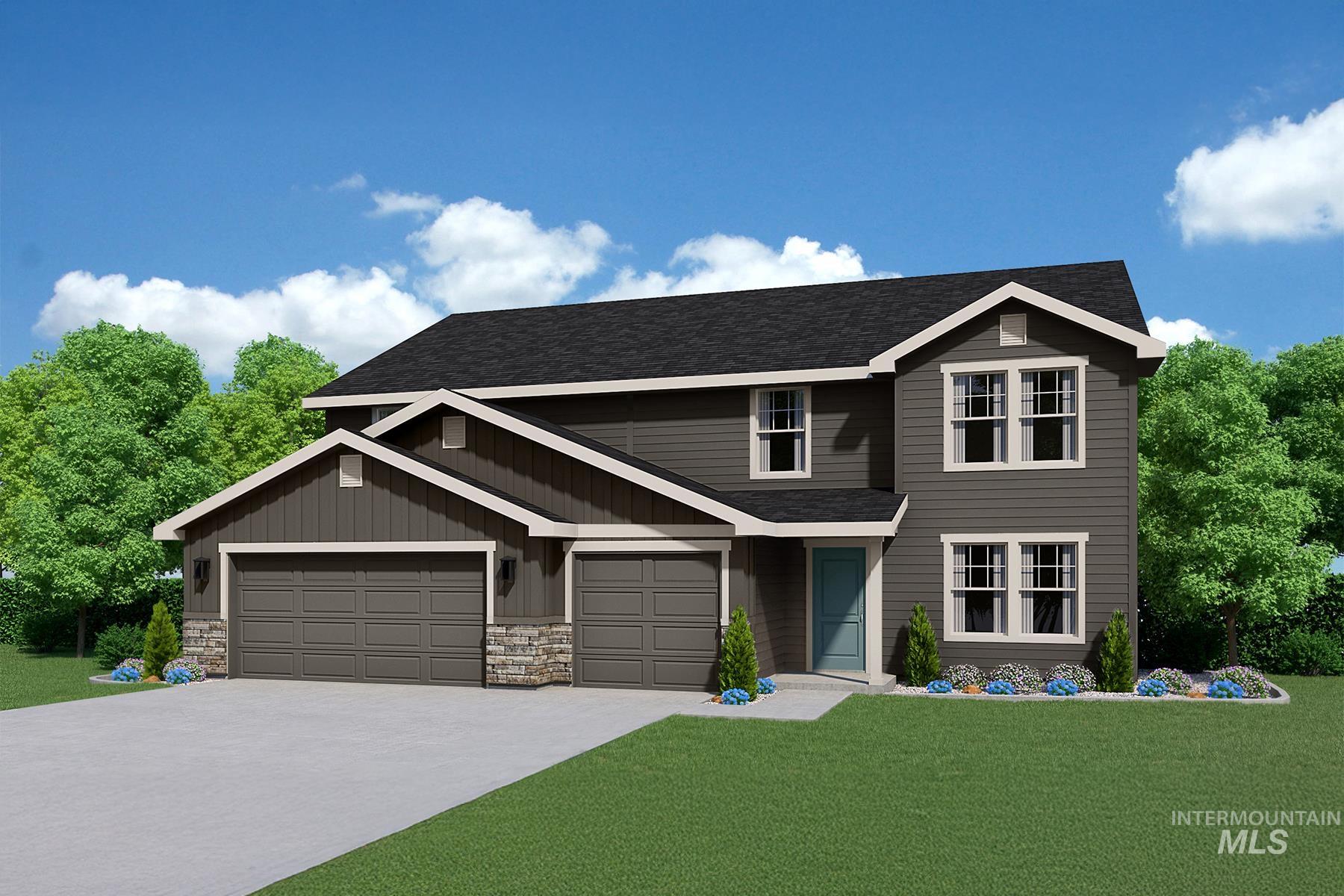 View of front of house featuring a front yard, stone siding, concrete driveway, a shingled roof, and an attached garage
