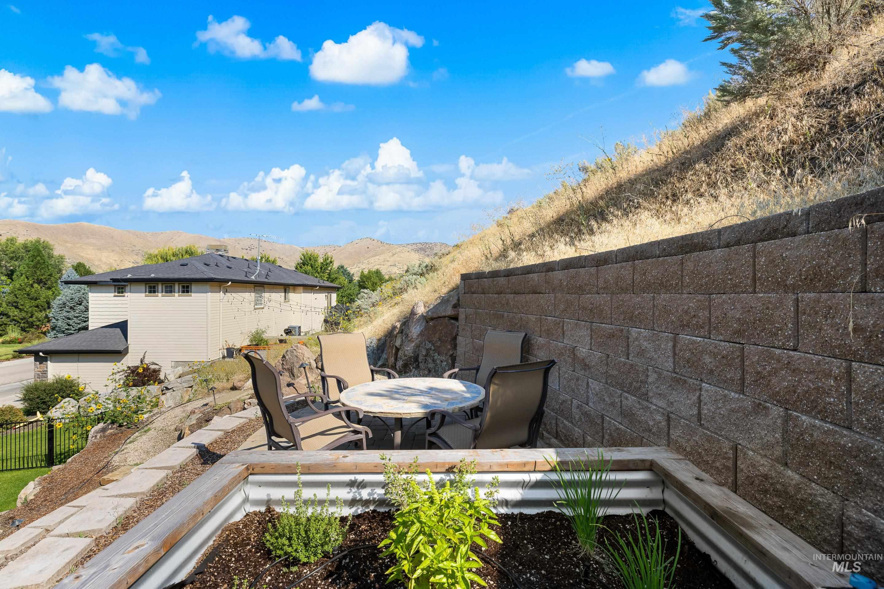 View of patio / terrace featuring a mountain view