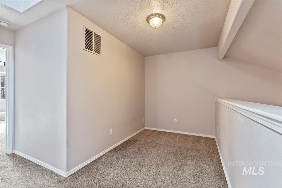Empty room featuring a textured ceiling, light carpet, and a skylight