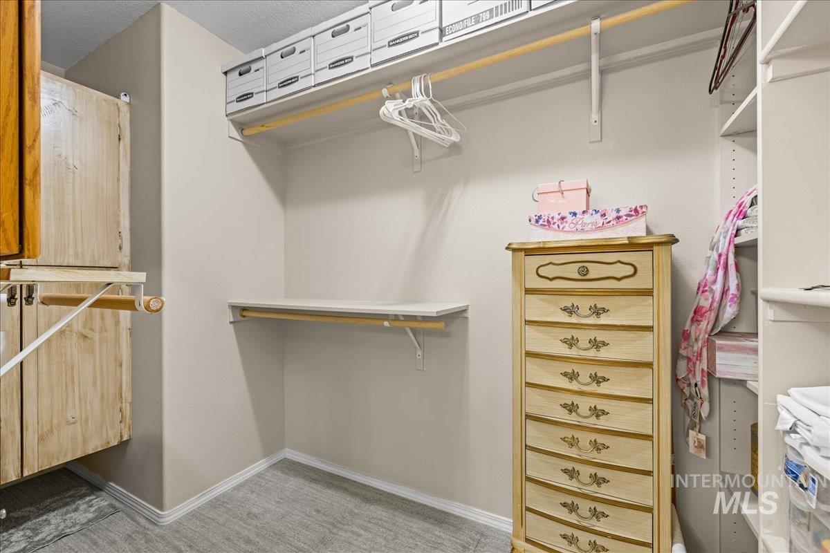 Spacious closet with light colored carpet