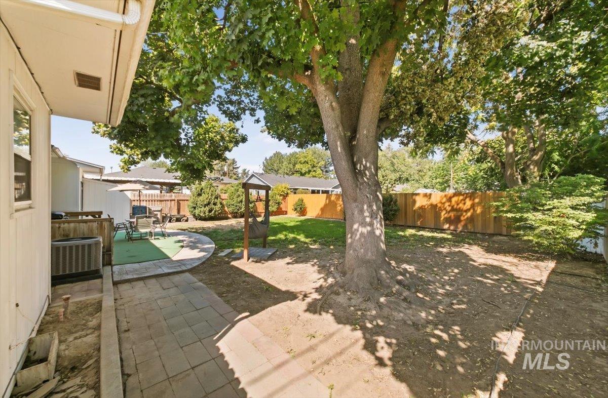 Fenced backyard with a patio area