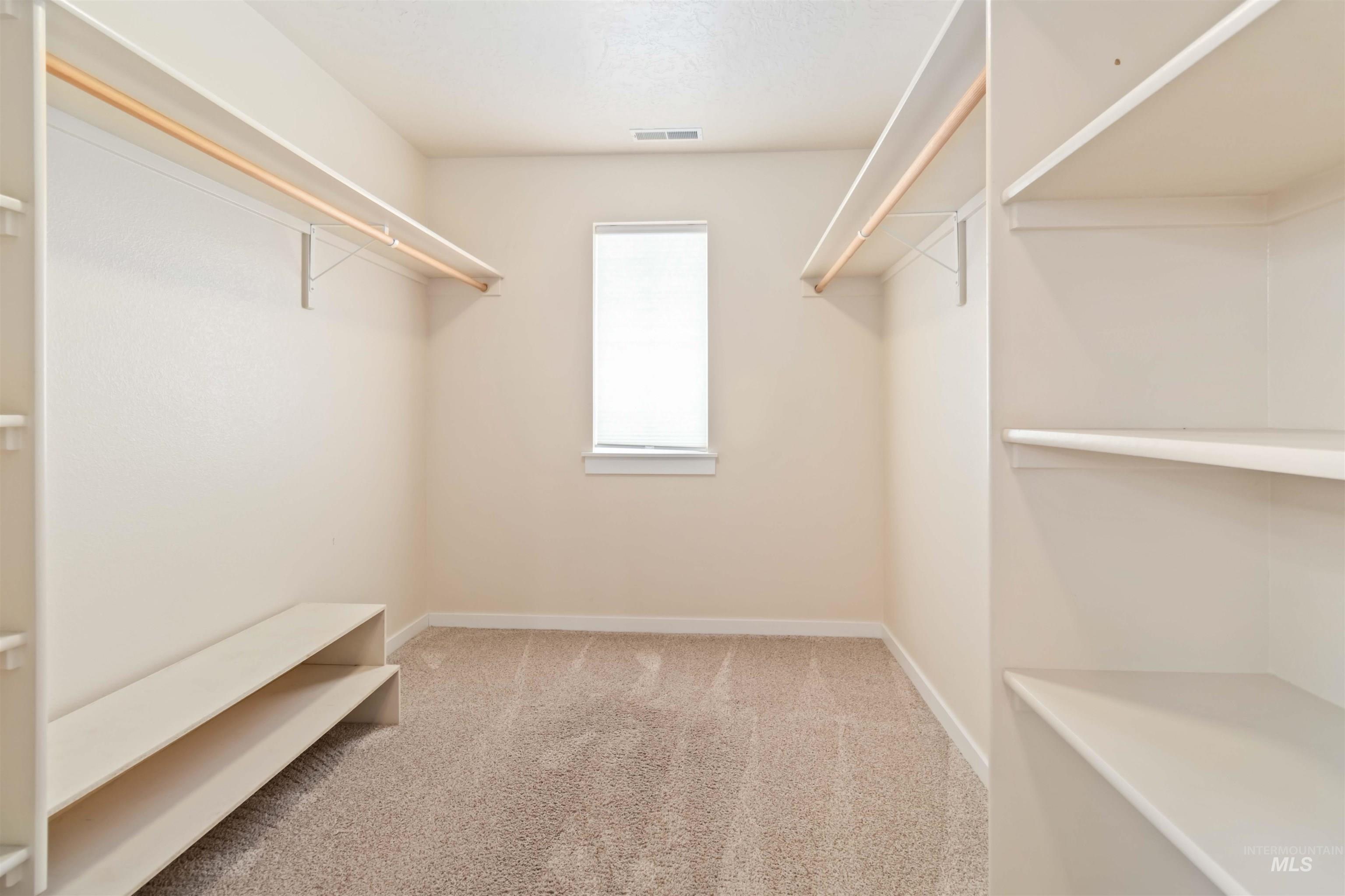 Walk in closet with light colored carpet