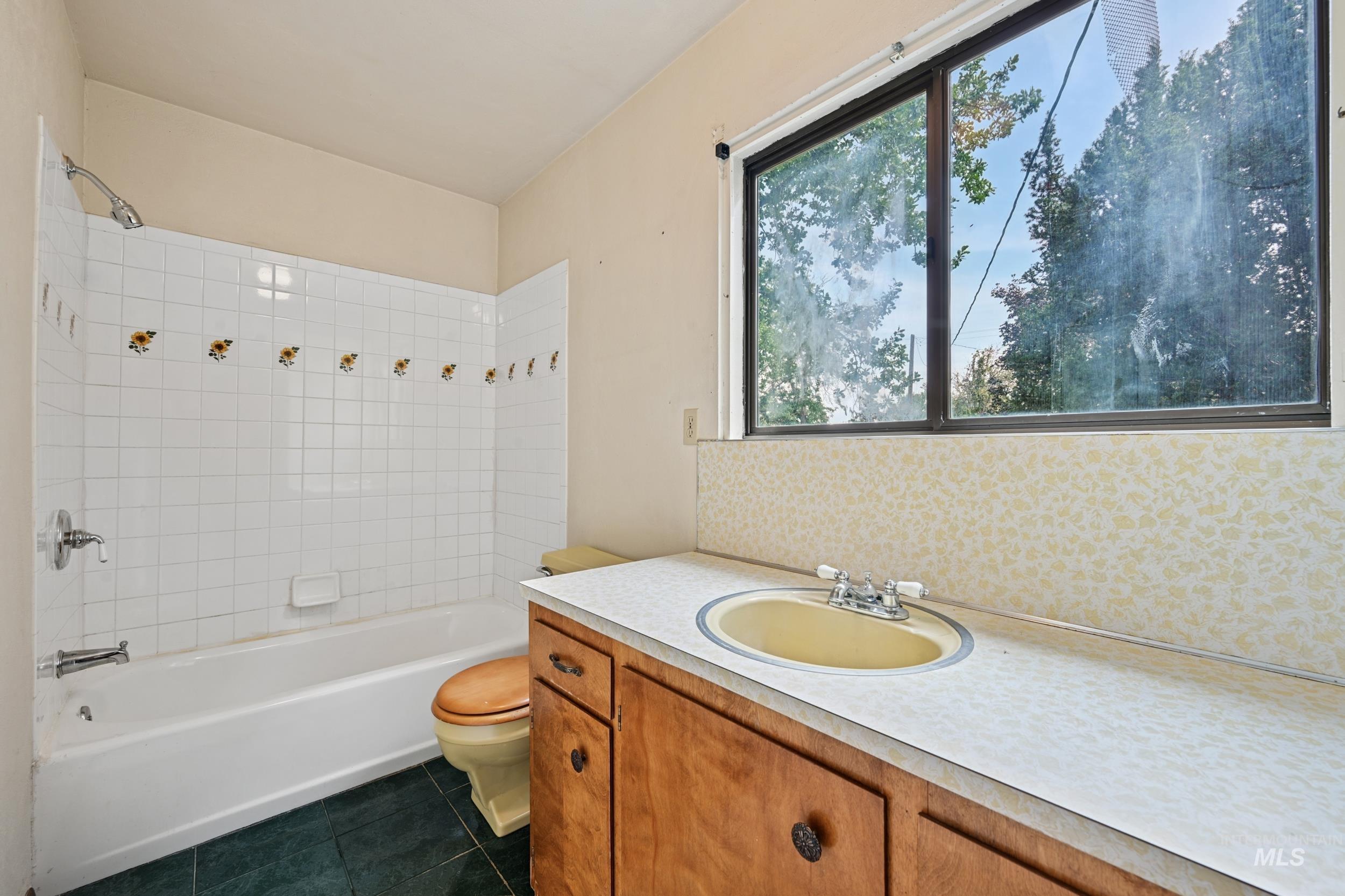 Bathroom with washtub / shower combination, vanity, and dark tile patterned floors