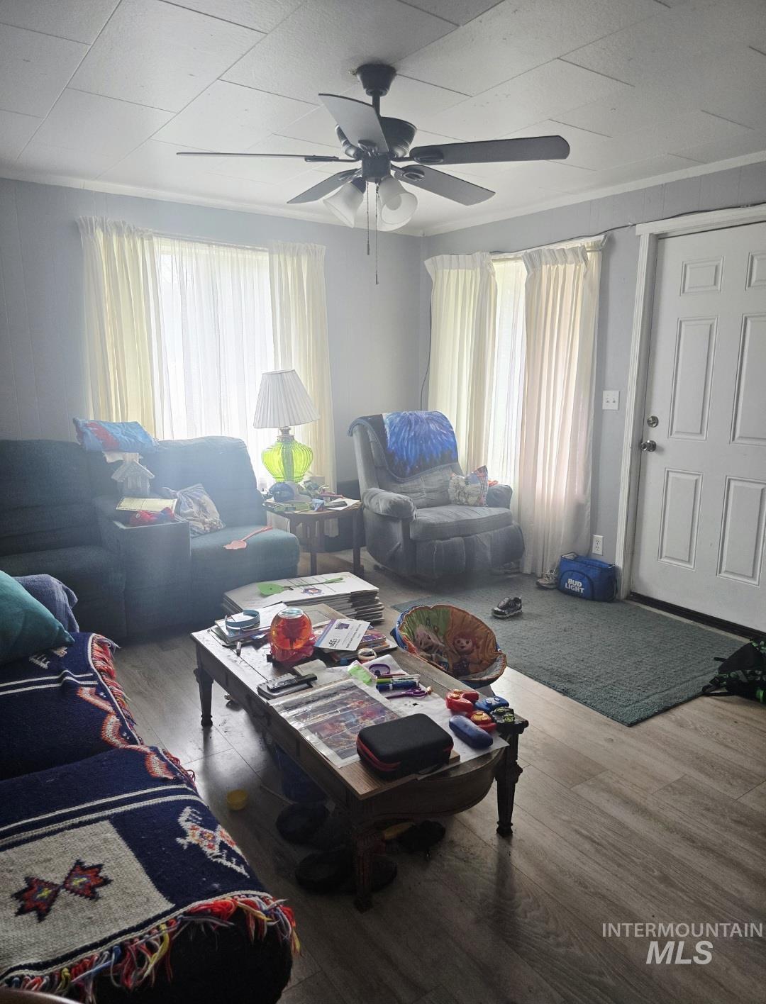 Living area with wood finished floors and a ceiling fan