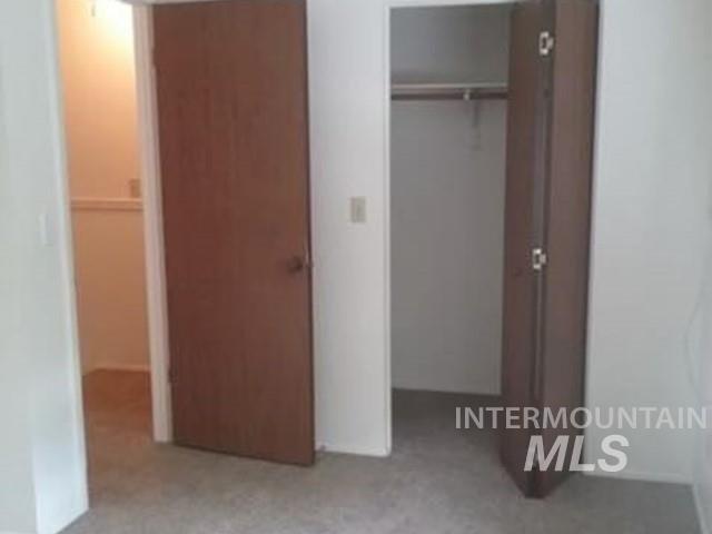Unfurnished bedroom featuring a walk in closet and light colored carpet