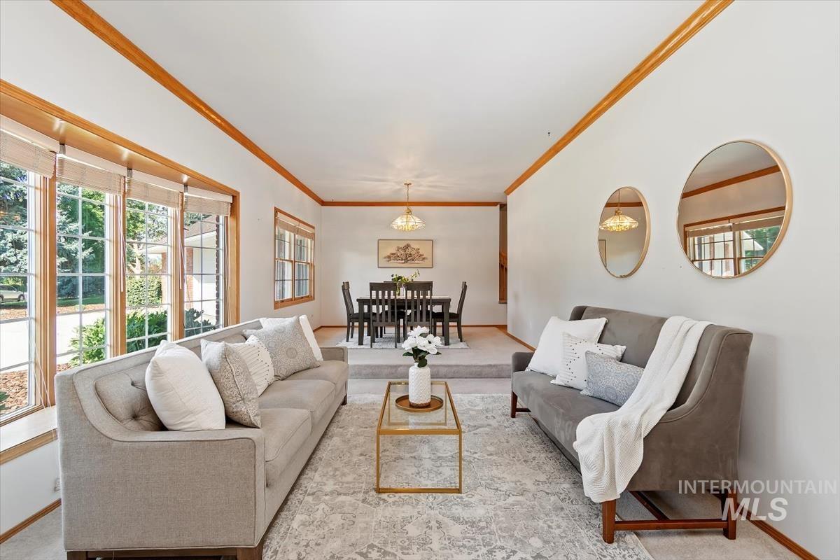 Carpeted living room with crown molding