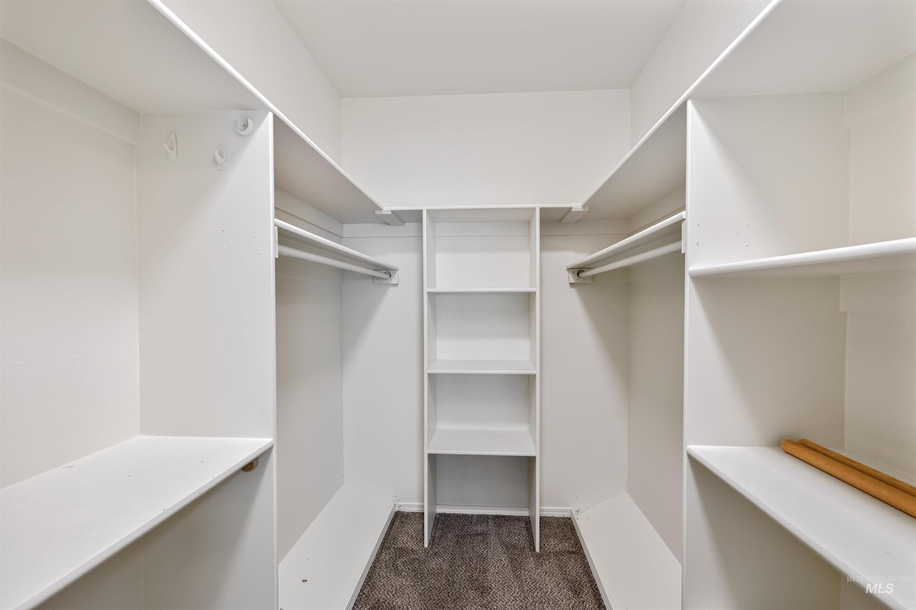 Spacious closet featuring dark colored carpet