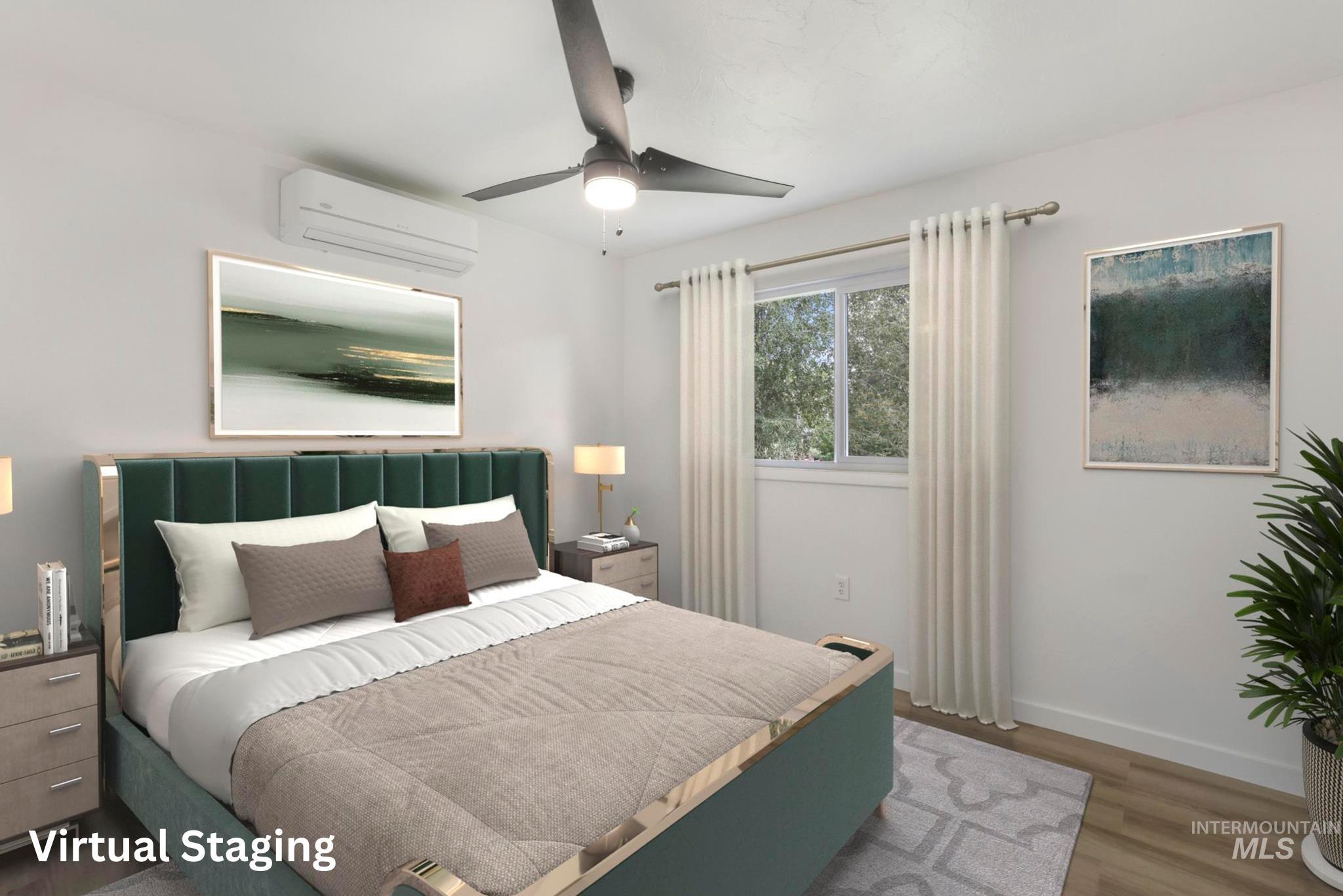 Bedroom with wood finished floors, a wall mounted AC, and ceiling fan