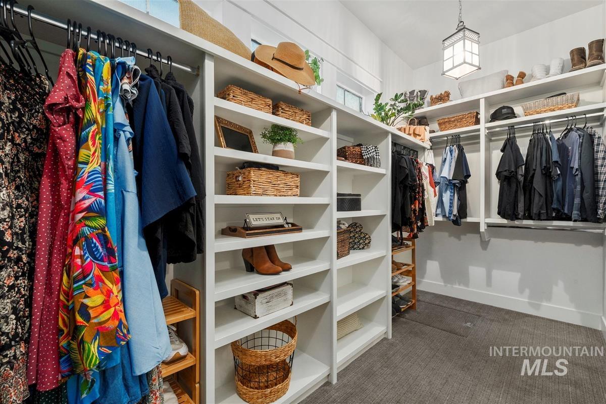 Spacious closet featuring dark carpet