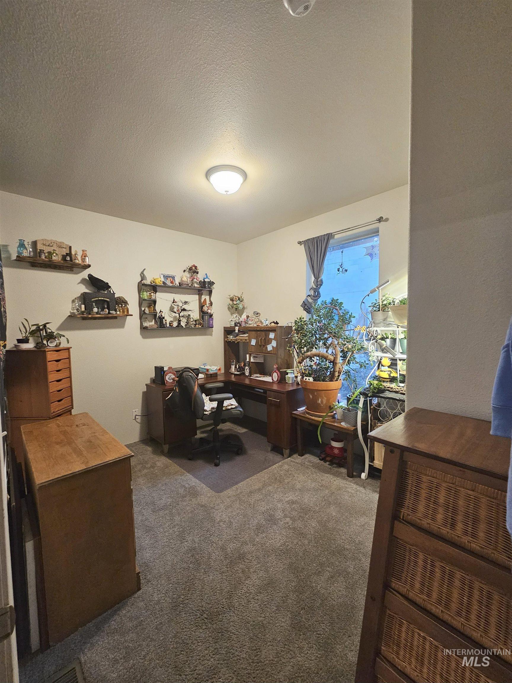 Carpeted home office featuring a textured ceiling