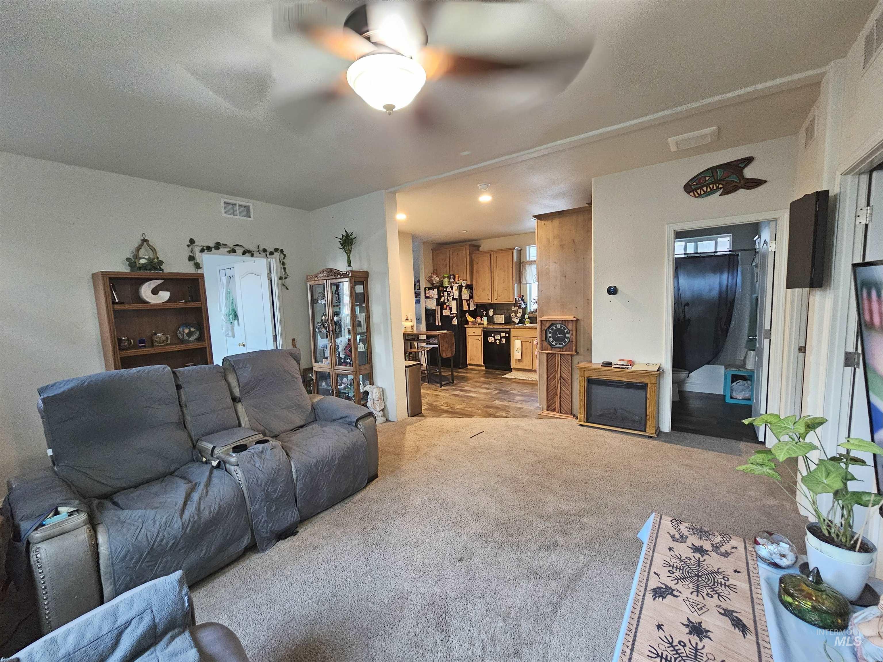 Carpeted living area with a ceiling fan