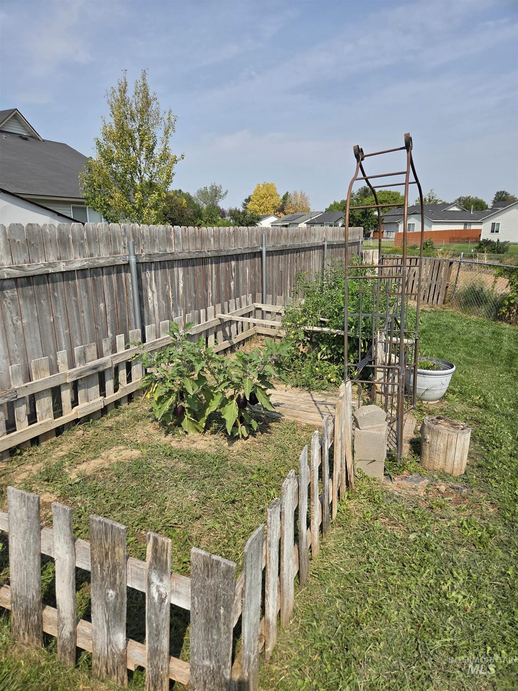 Fenced backyard featuring a vegetable garden
