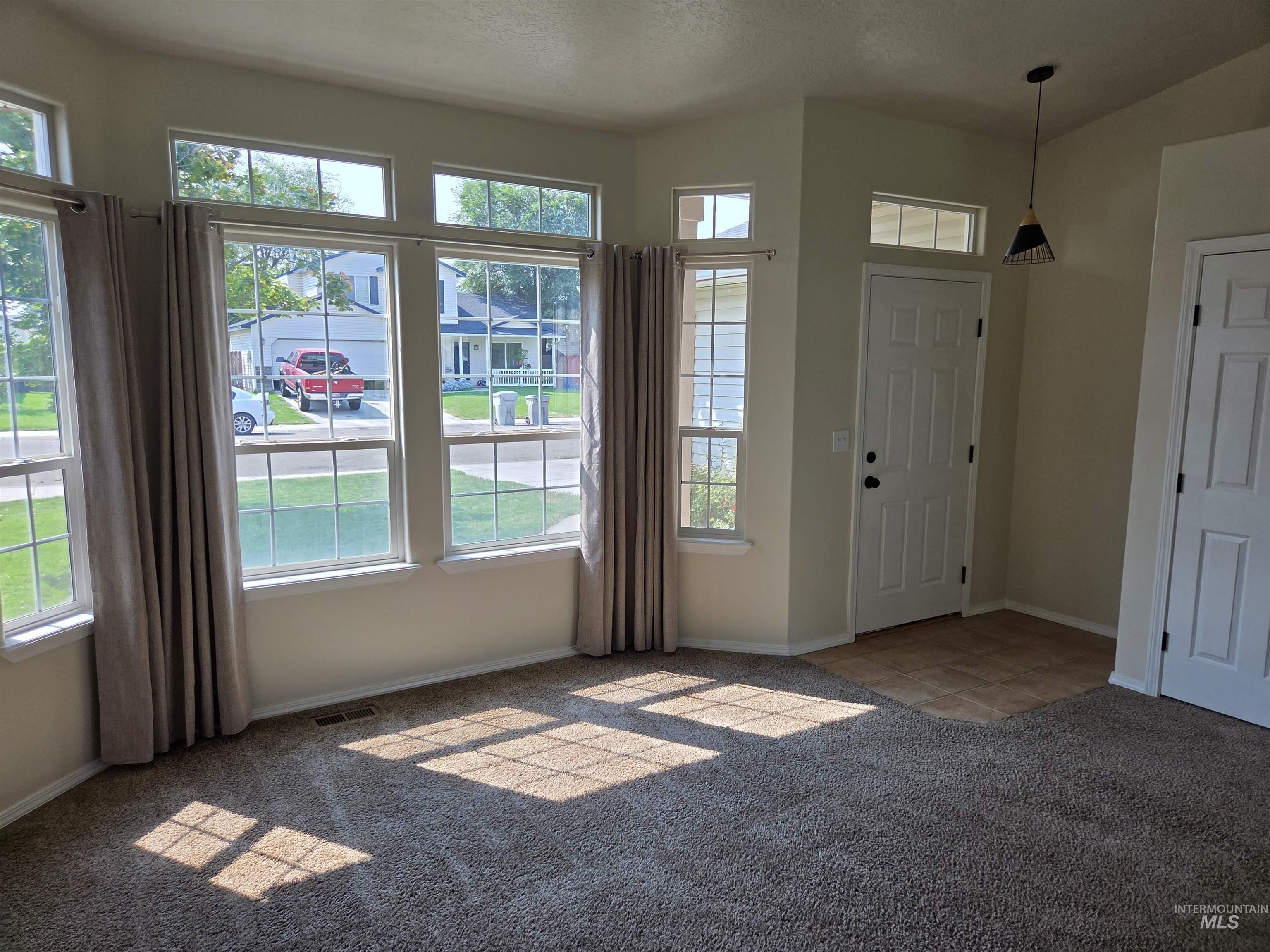 Foyer entrance with plenty of natural light, light carpet, and a textured ceiling
