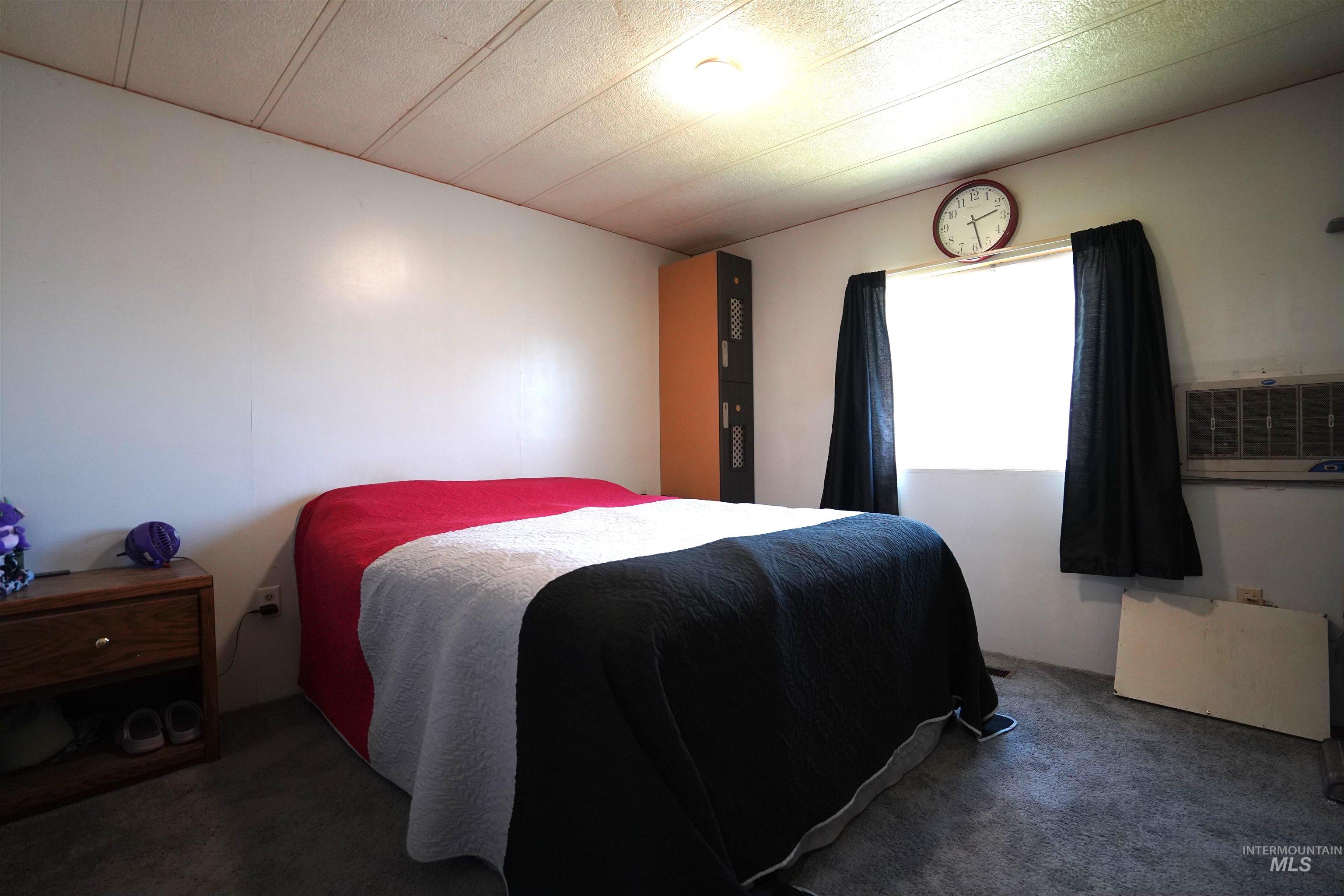 Carpeted bedroom featuring a textured ceiling