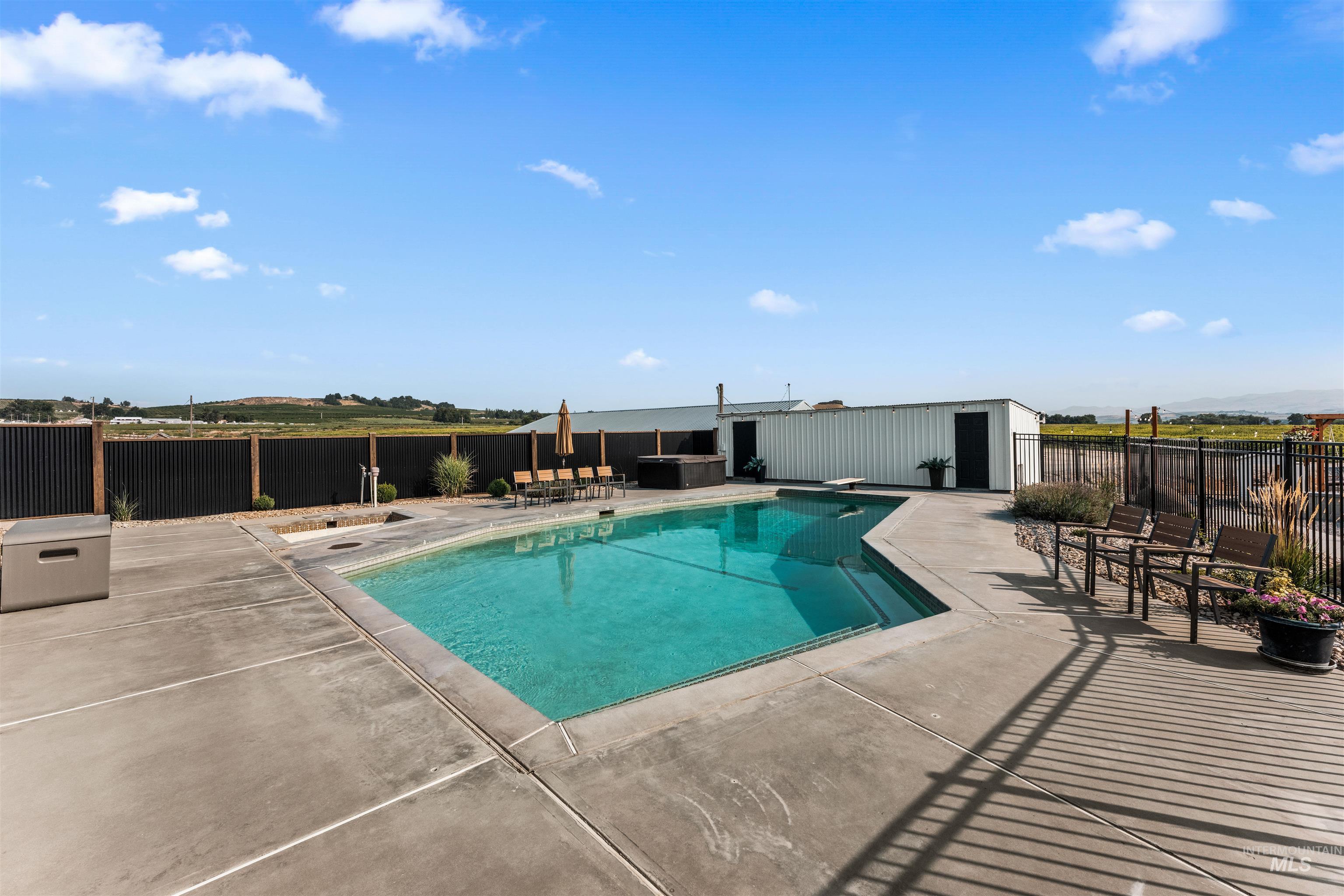 View of pool with a fenced backyard, a patio area, and a diving board