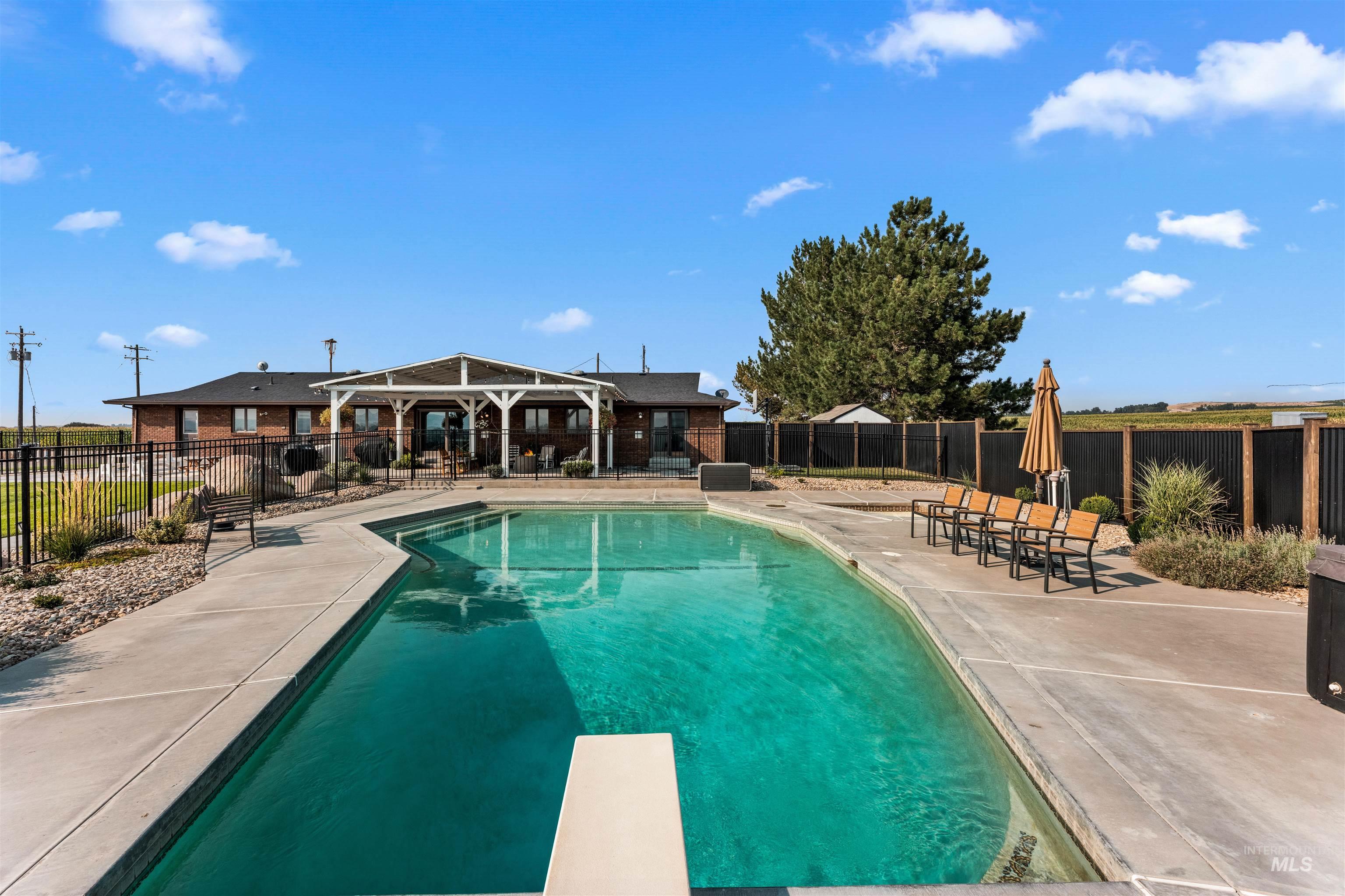 View of swimming pool with a patio and a diving board