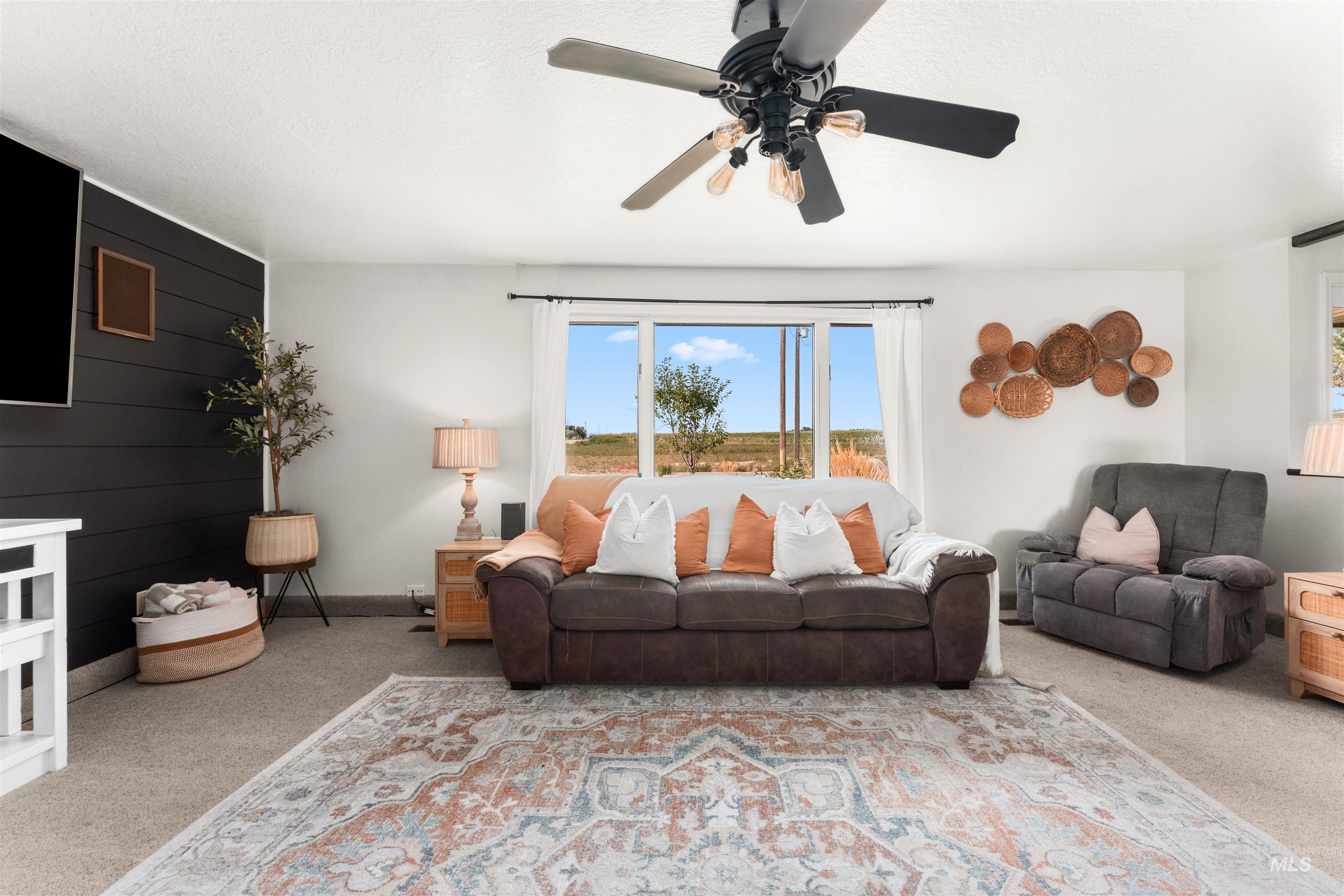 Living area featuring carpet flooring and a ceiling fan