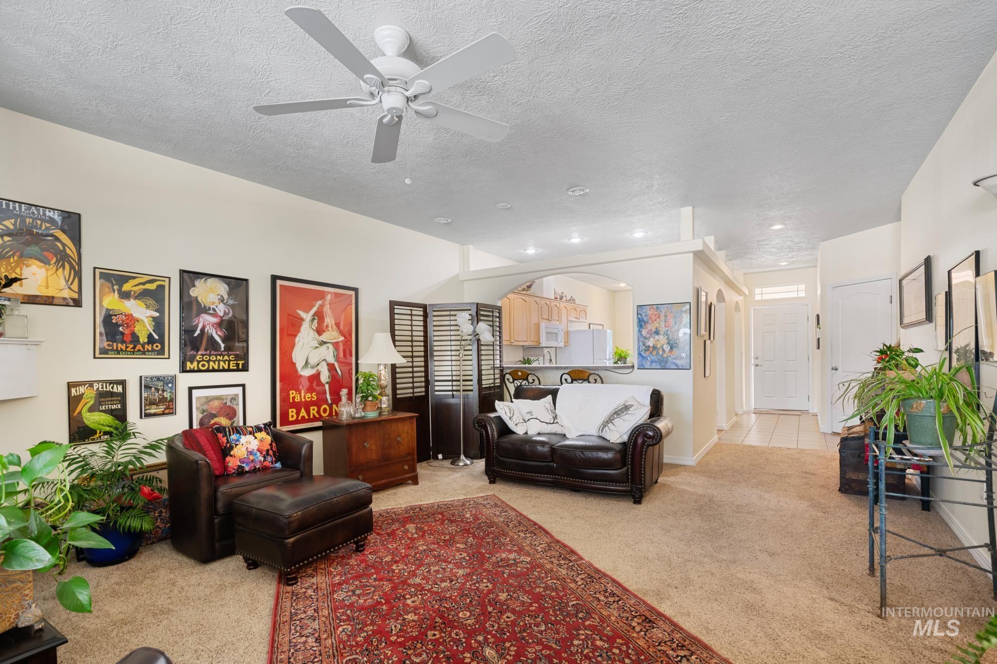 Living room featuring light colored carpet, a textured ceiling, and a ceiling fan
