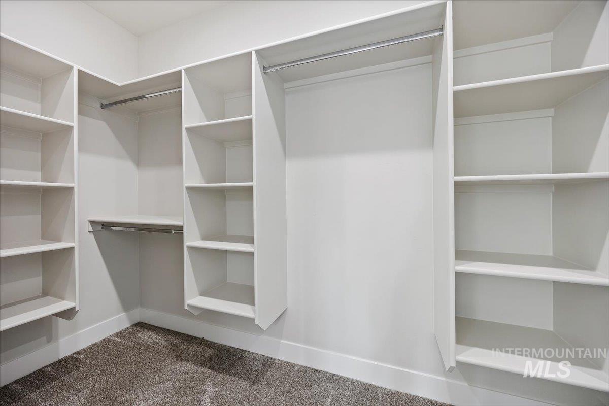 Walk in closet featuring dark carpet