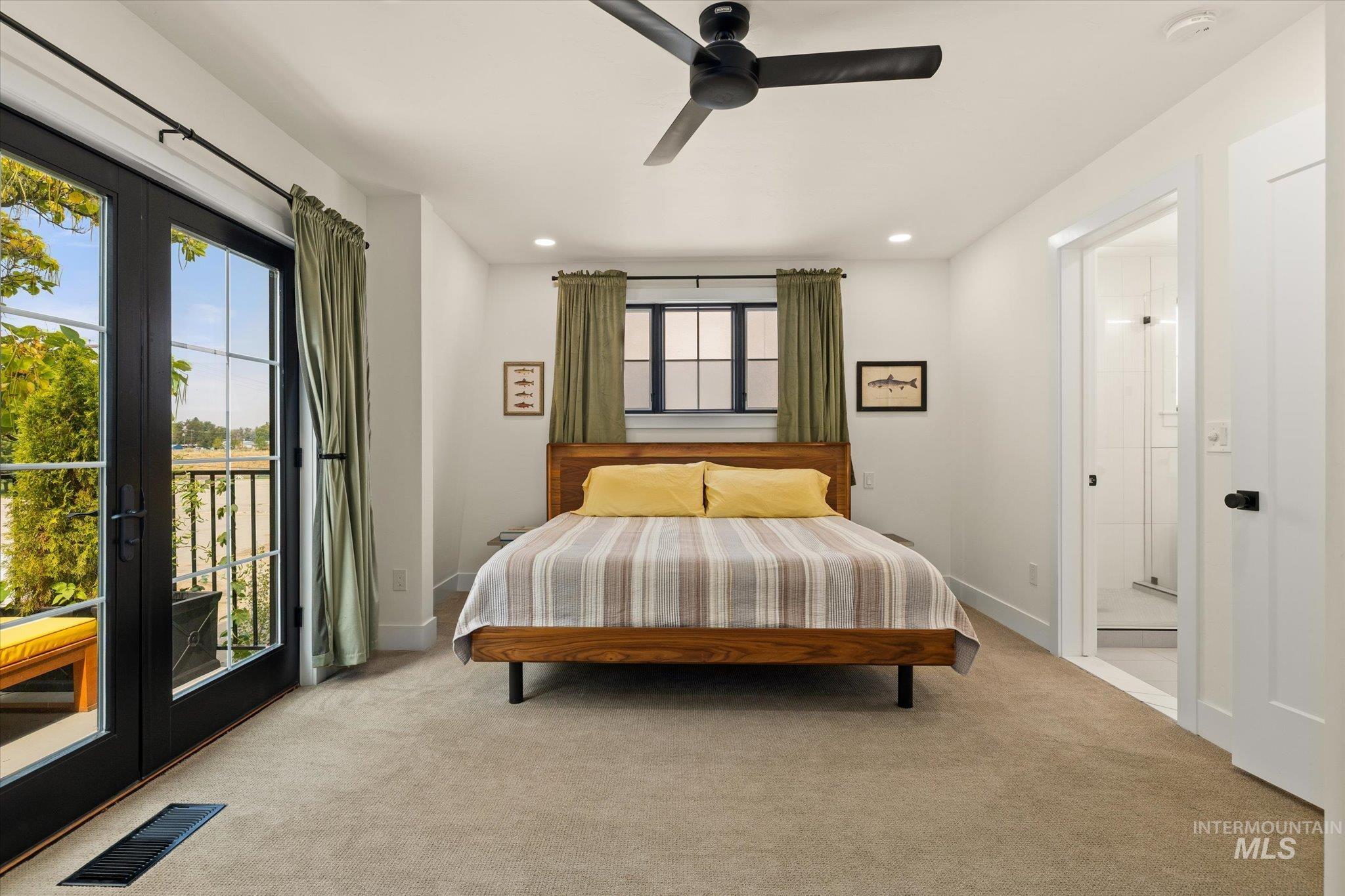 Carpeted bedroom featuring access to exterior, recessed lighting, and a ceiling fan